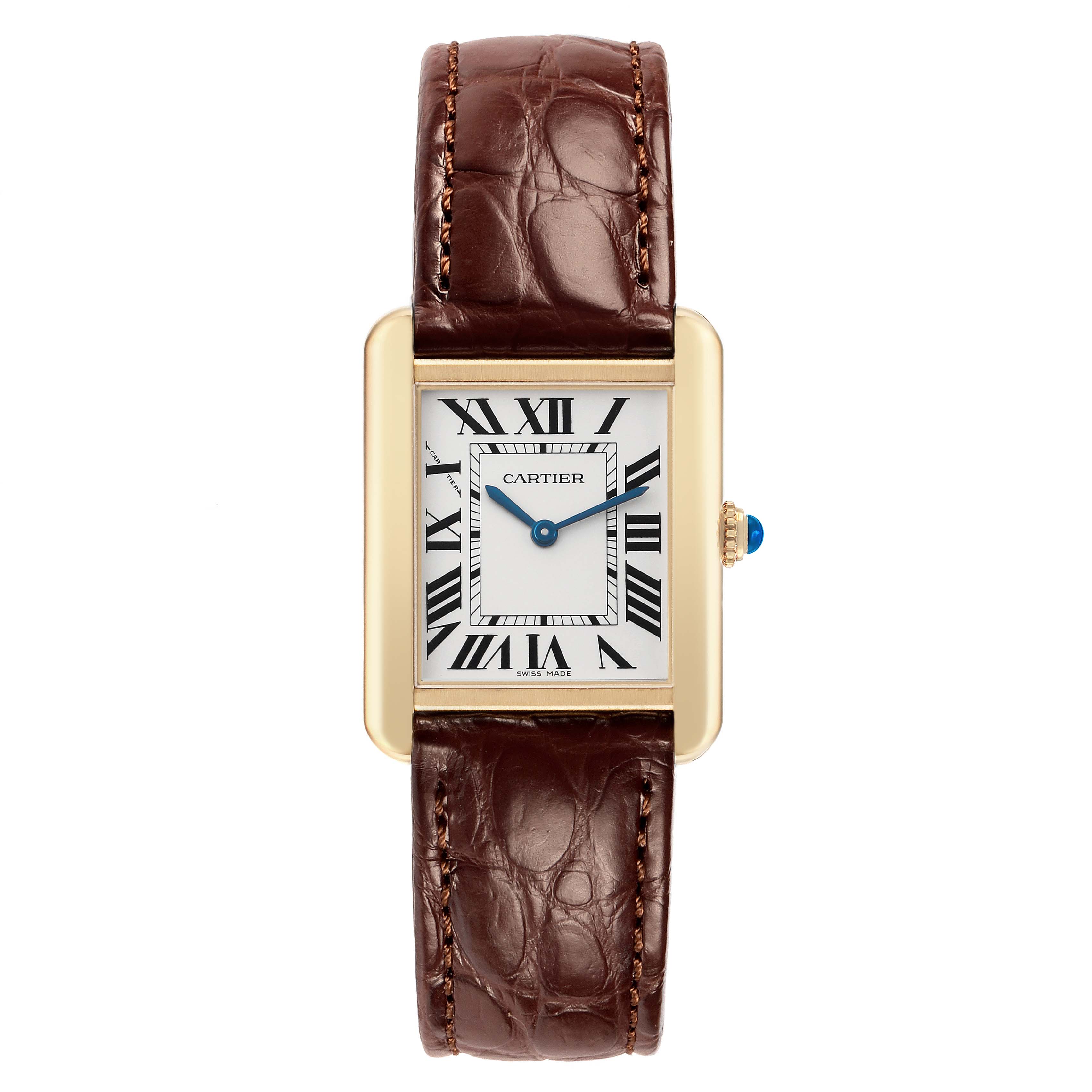 The Cartier Tank Solo W5200002 Women's Steel and Gold (two tone) Silver Dial watch is shown from a top view, displaying its rectangular face, Roman numerals, and brown leather strap.