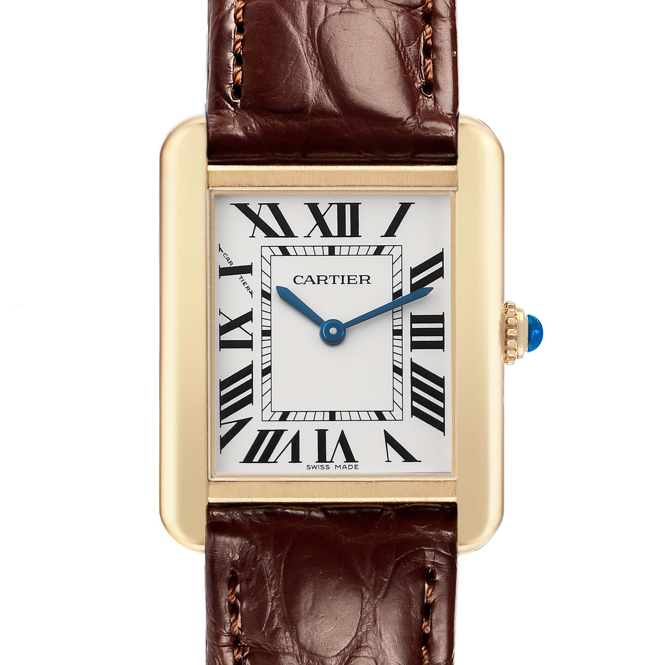 The Cartier Tank Solo W5200002 Women's Steel and Gold (two tone) Silver Dial watch is shown from the front, displaying the dial, Roman numerals, hands, and part of the leather strap.