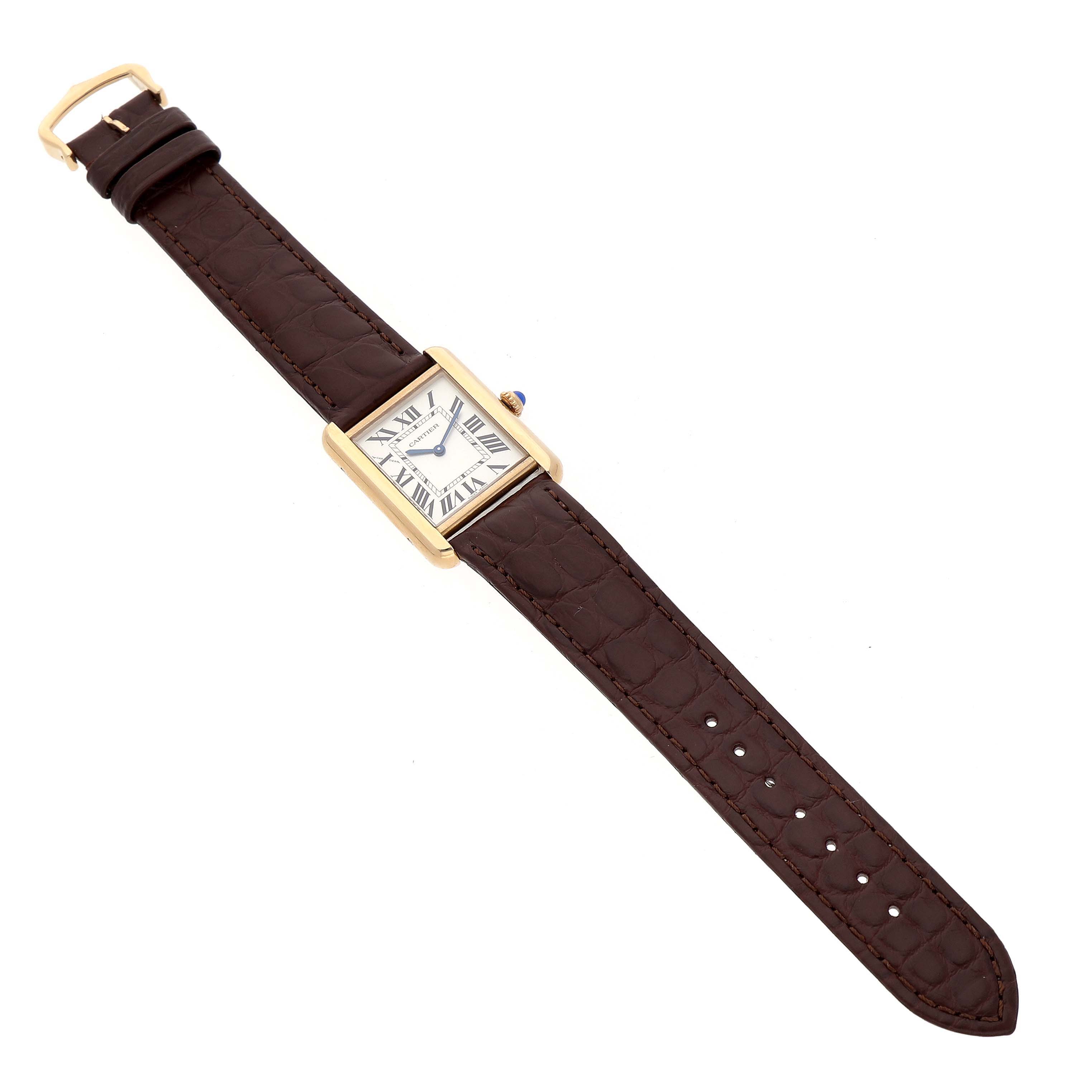 The Cartier Tank Solo W5200002 Women's Steel and Gold (two tone) Silver Dial watch is shown from a top-down angle, featuring its rectangular case, dial, and full leather strap.