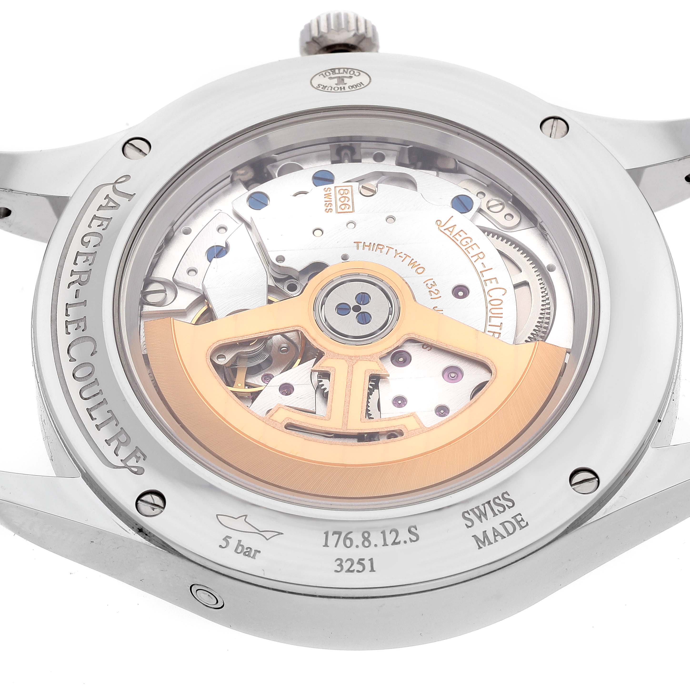 The image shows the case back of a Jaeger-LeCoultre Master model, highlighting the visible movement and rotor mechanism.