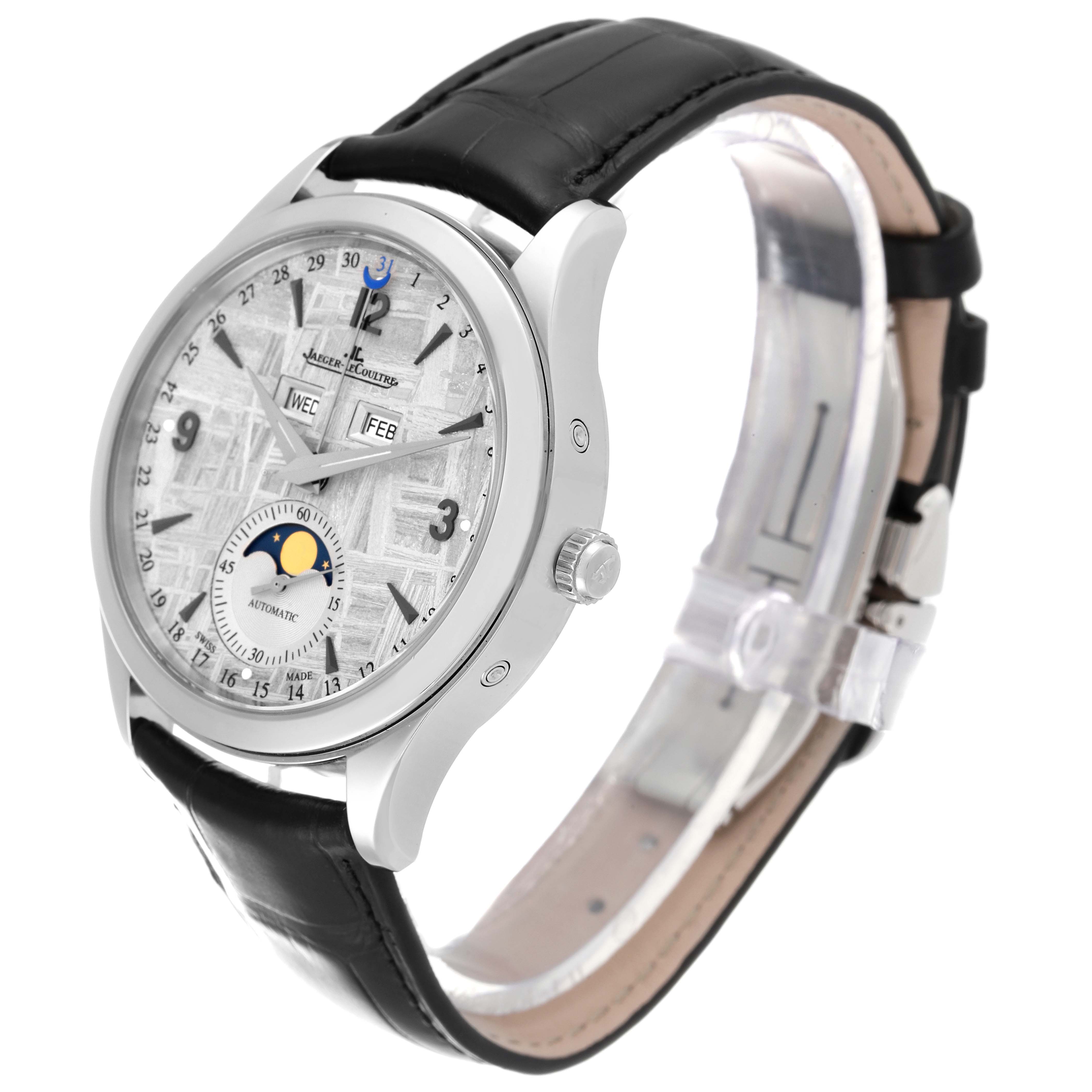 This image shows a Jaeger-LeCoultre Master model watch from a three-quarter angle, showcasing its face, crown, and leather strap.