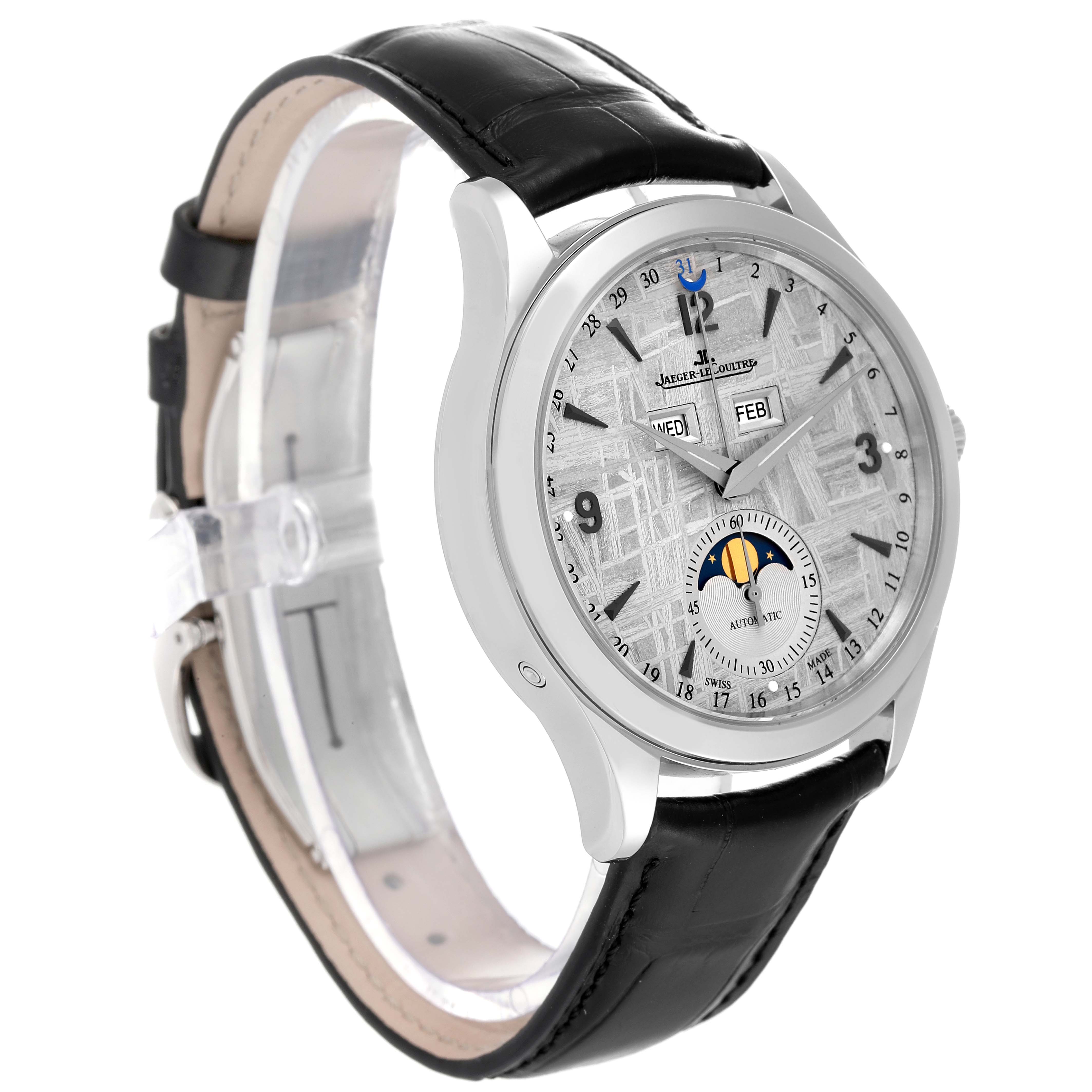 The image shows a Jaeger-LeCoultre Master model watch from a right side angle, displaying its dial, strap, and case.