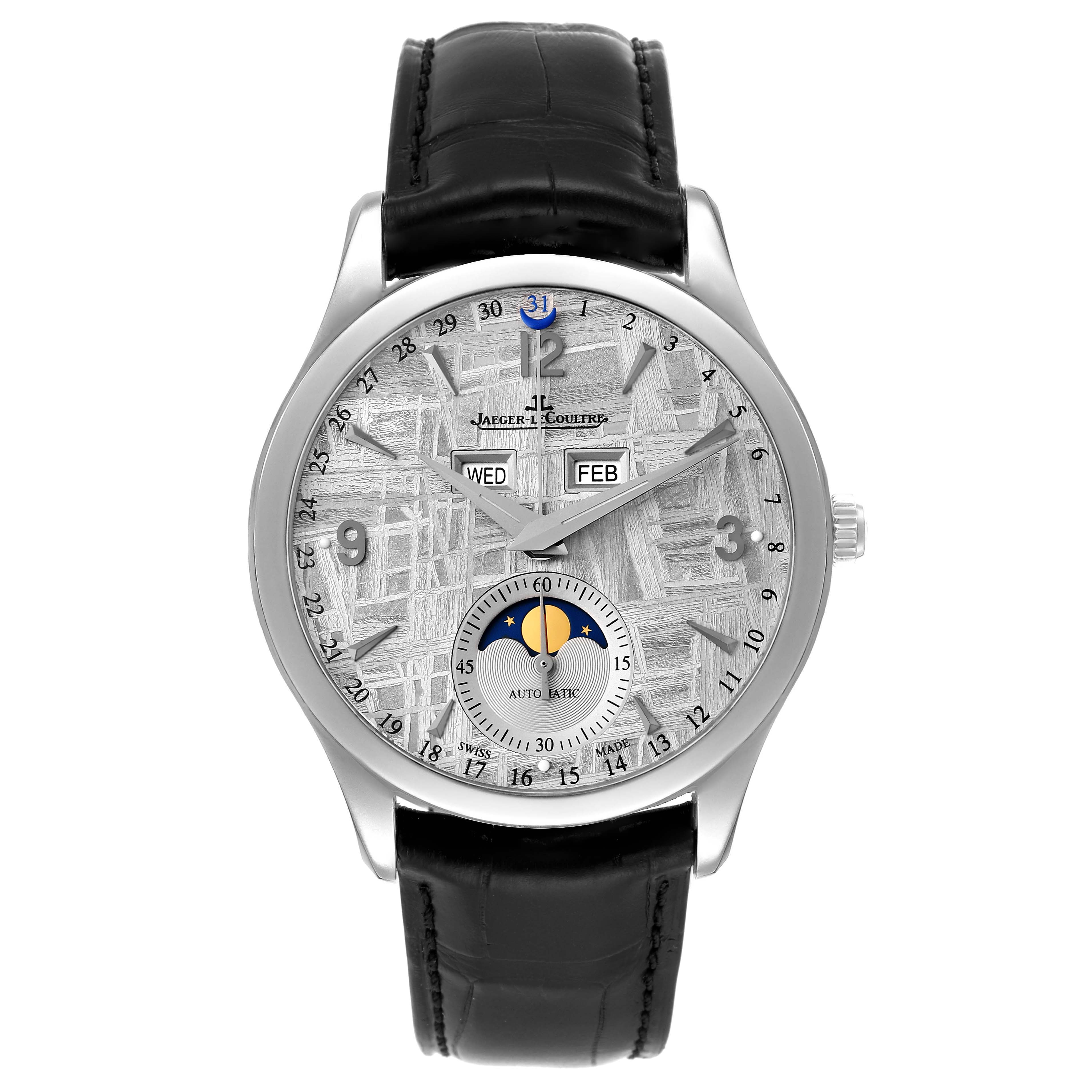 This image shows a front view of the Jaeger-LeCoultre Master watch, displaying the dial, hands, day, month, and moon phase complications.