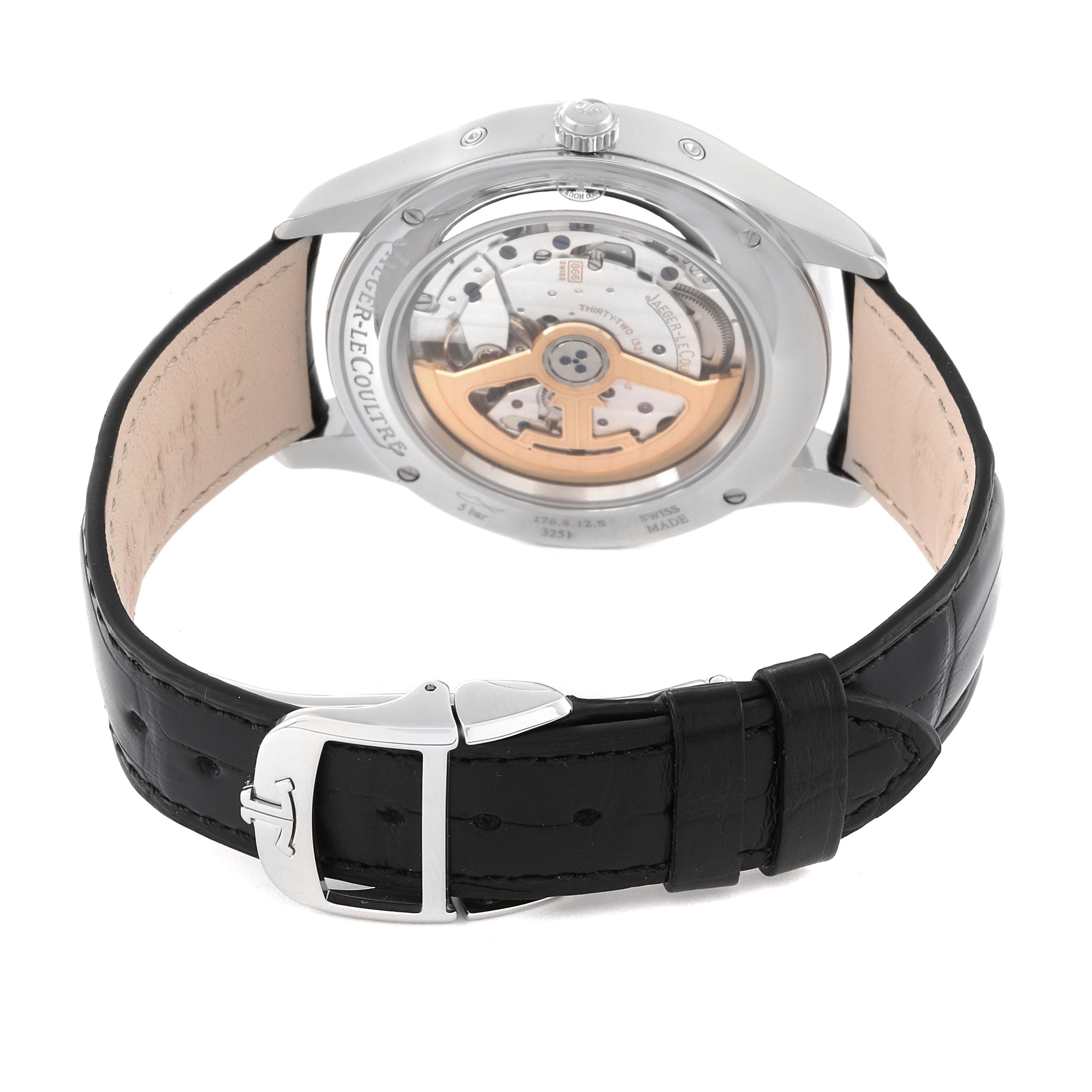 This image shows the back view of the Jaeger LeCoultre Master Q1558421 Men's Stainless Steel Silver Dial Q1558421 Men's Stainless Steel Silver Dial model watch, highlighting its inner mechanism and black leather strap.