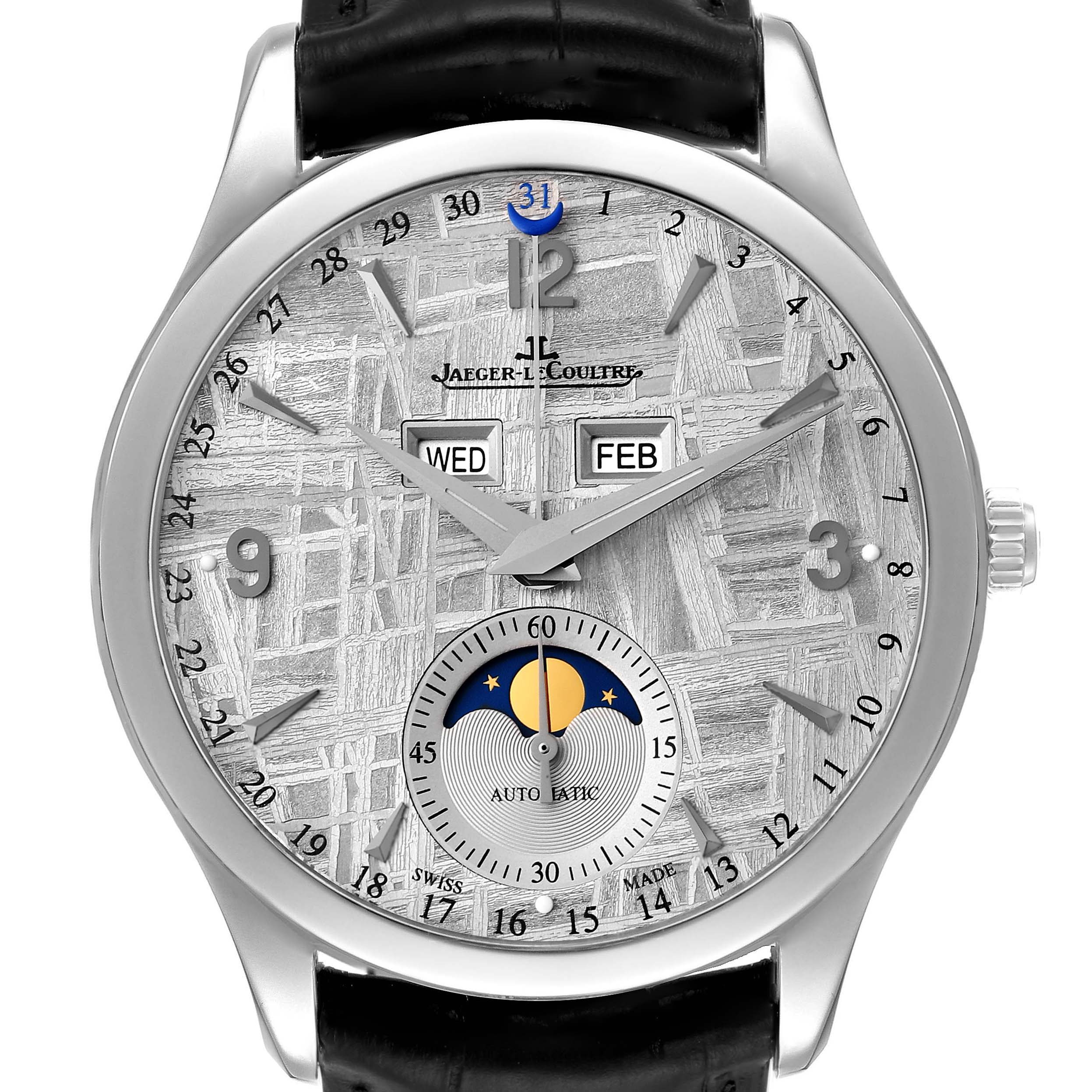 The image shows a front view of the Jaeger LeCoultre Master Q1558421 Men's Stainless Steel Silver Dial Q1558421 Men's Stainless Steel Silver Dial model watch displaying the time, day, month, and moon phase.