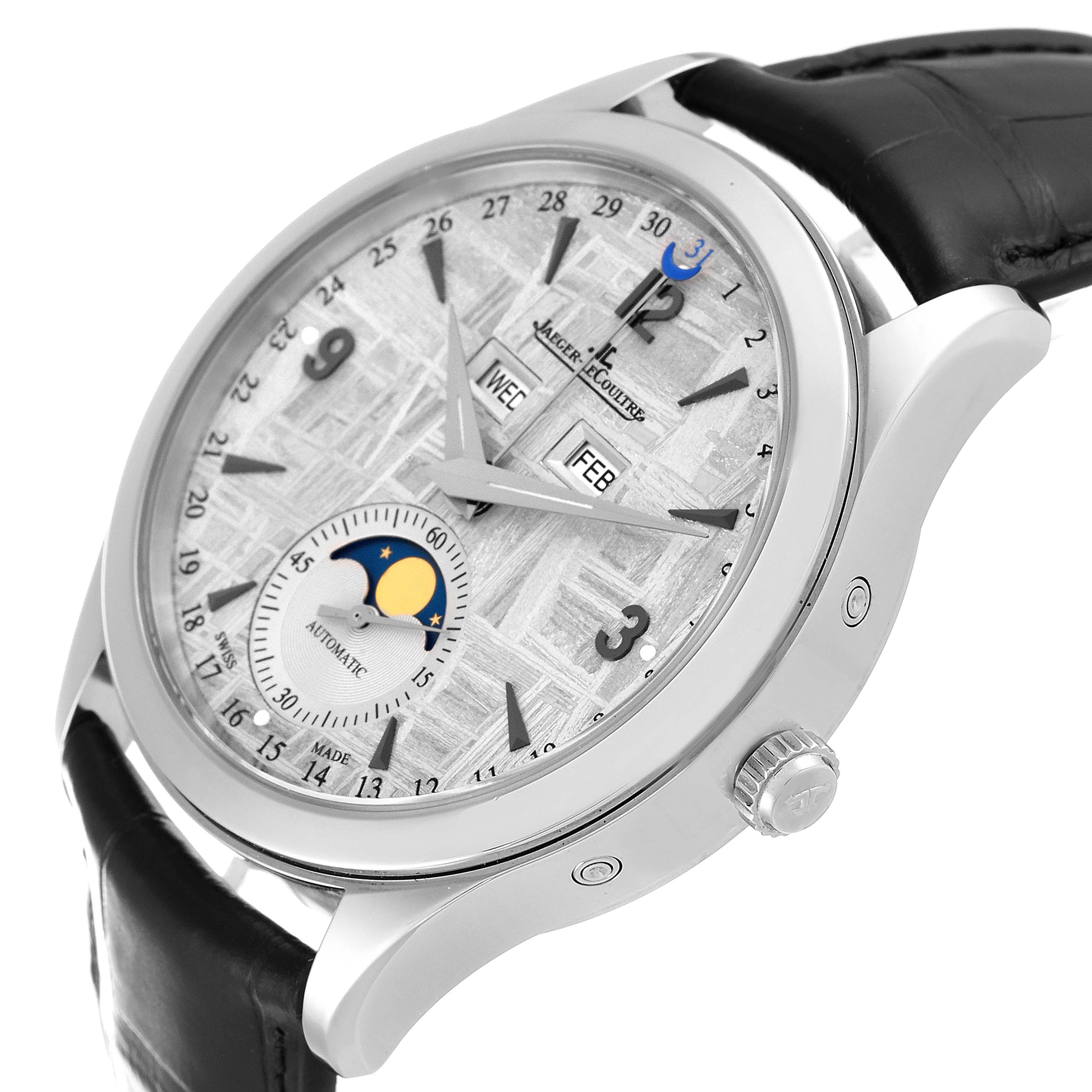 The image shows a Jaeger-LeCoultre Master model watch at an angled side view, highlighting its dial with date, day, month, and moon phase indicators.