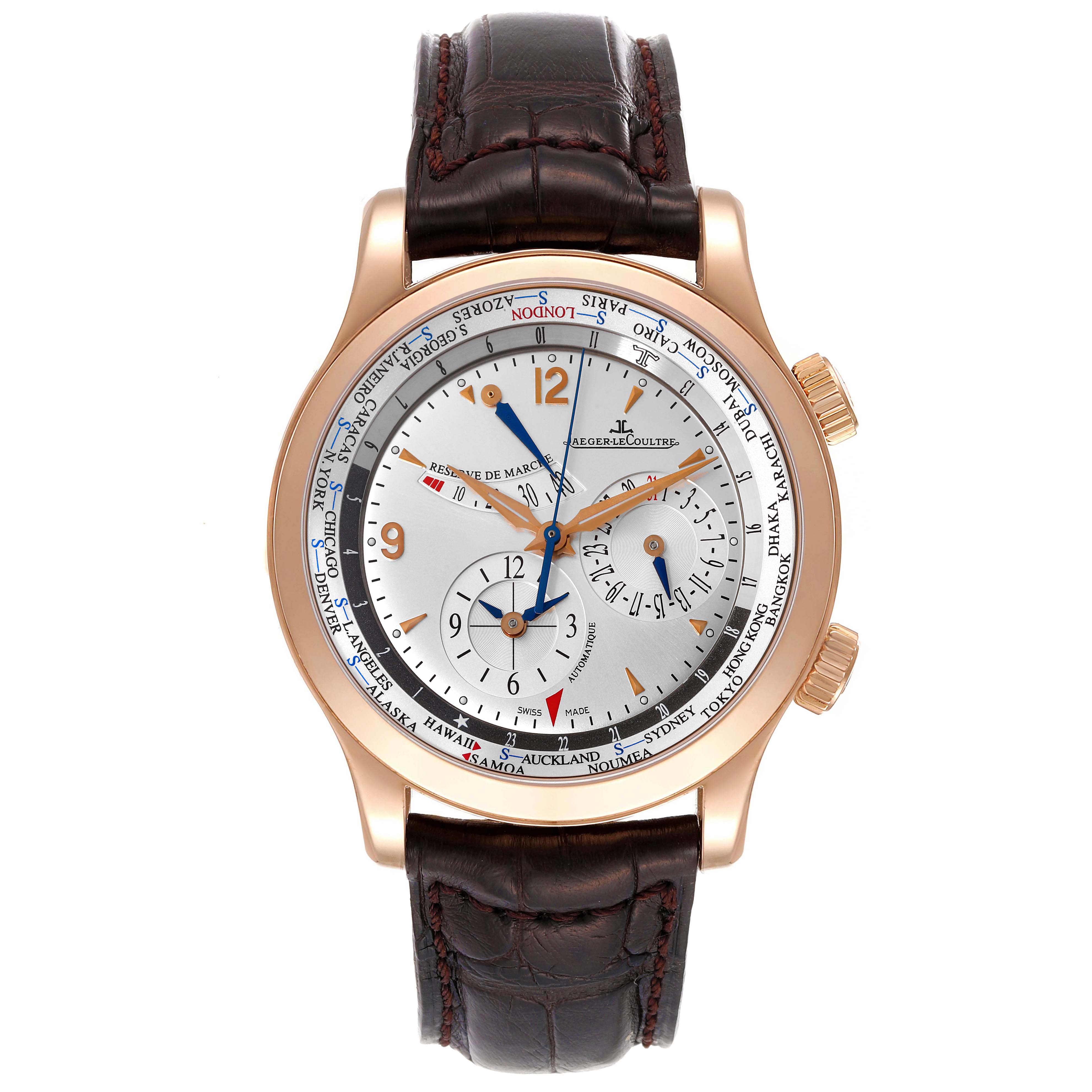 The image shows a front view of a Jaeger LeCoultre Master Q1522420 Men
s Rose Gold Silver Dial Q1522420 Men
s Rose Gold Silver Dial model watch with a brown leather strap and a round dial with multiple sub-dials.