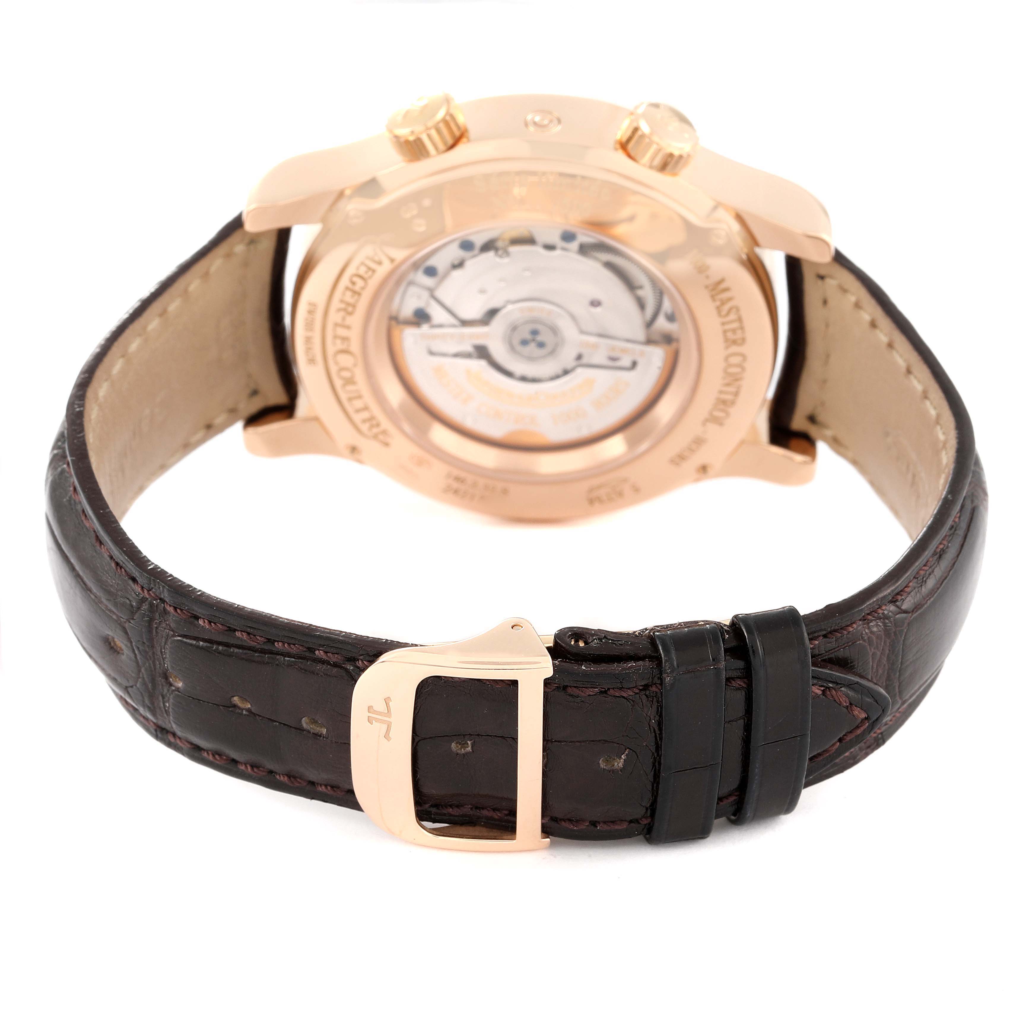 The image shows the back view of a Jaeger LeCoultre Master Q1522420 Men
s Rose Gold Silver Dial Q1522420 Men
s Rose Gold Silver Dial model watch with a visible rotor and leather strap.