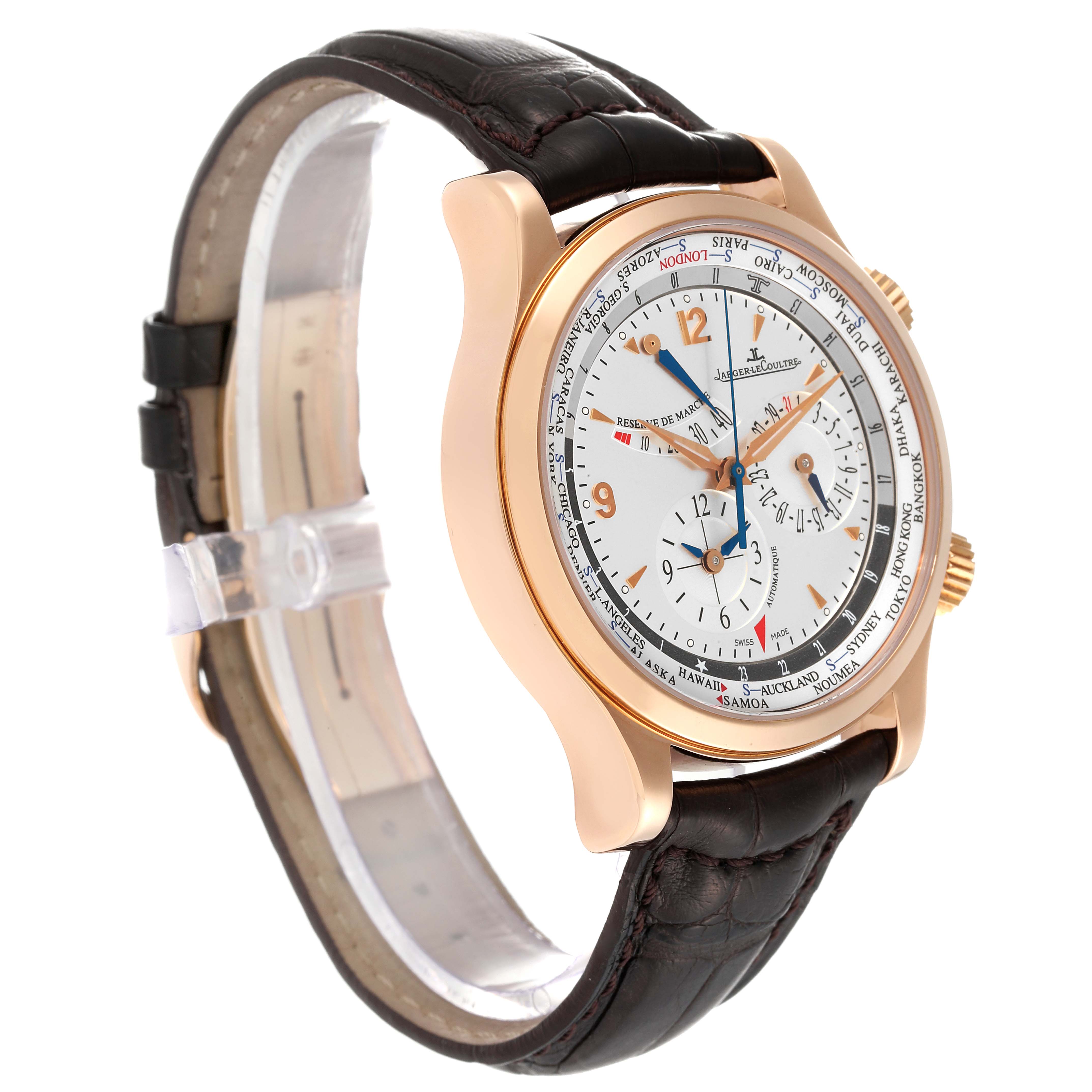 The image shows a side angle of the Jaeger LeCoultre Master Q1522420 Men
s Rose Gold Silver Dial Q1522420 Men
s Rose Gold Silver Dial model watch highlighting its face, crown, and leather strap.