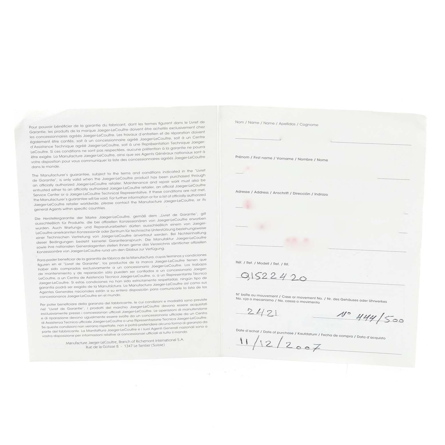 The image displays an open warranty booklet for a Jaeger LeCoultre Master Q1522420 Men
s Rose Gold Silver Dial Q1522420 Men
s Rose Gold Silver Dial model watch, showing its terms and details.