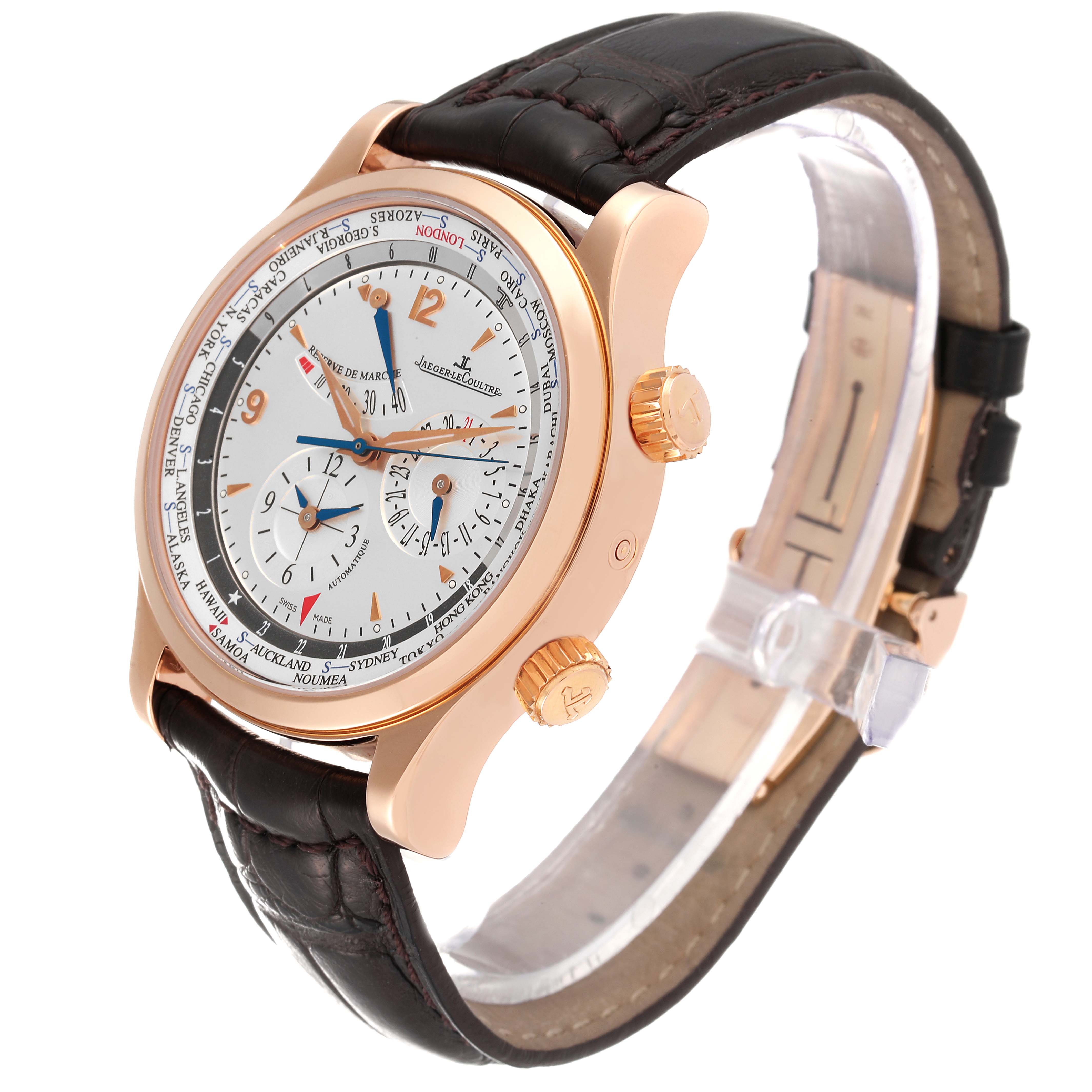 The image shows a Jaeger-LeCoultre Master model watch at an angle showcasing the dial, crown, and leather strap.