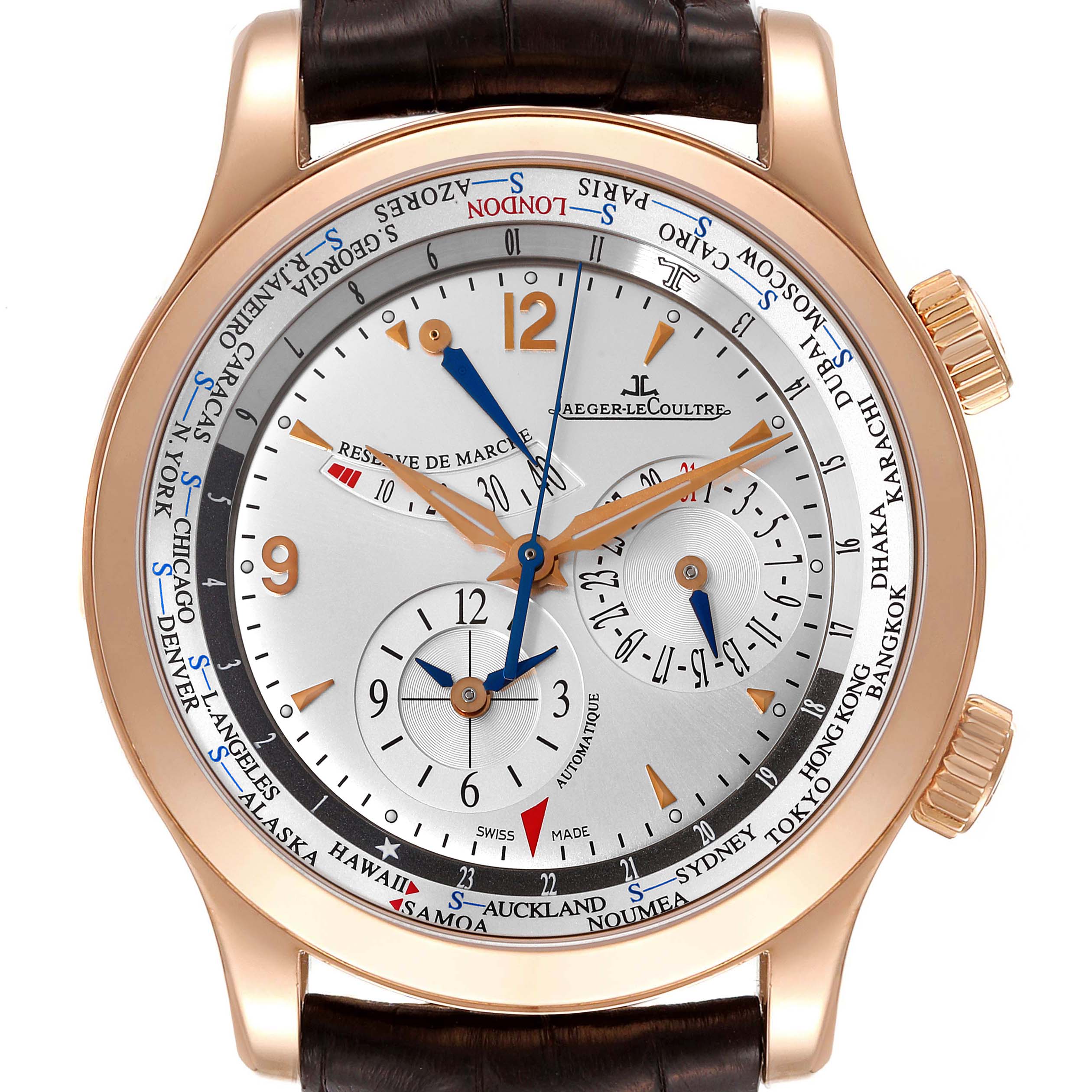 The image shows a Jaeger LeCoultre Master Q1522420 Men
s Rose Gold Silver Dial Q1522420 Men
s Rose Gold Silver Dial model watch, showcasing its dial with multiple time zones and sub-dials from a front angle.
