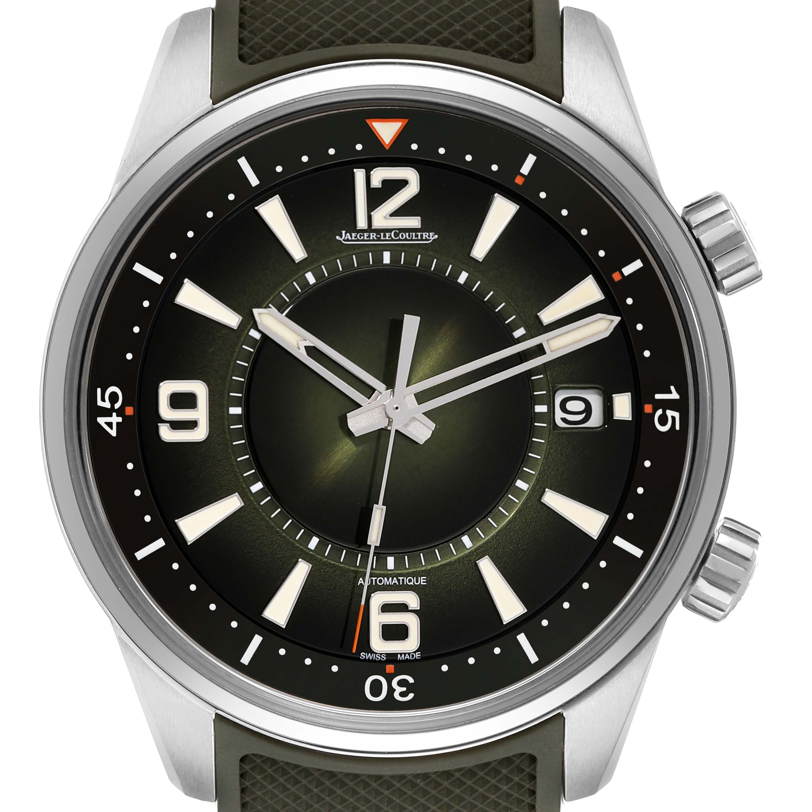 This is a front view of the Jaeger LeCoultre Polaris Q906863J Men's Stainless Steel Green Dial Q906863J Men's Stainless Steel Green Dial watch displaying the dial, hands, markers, and date window.