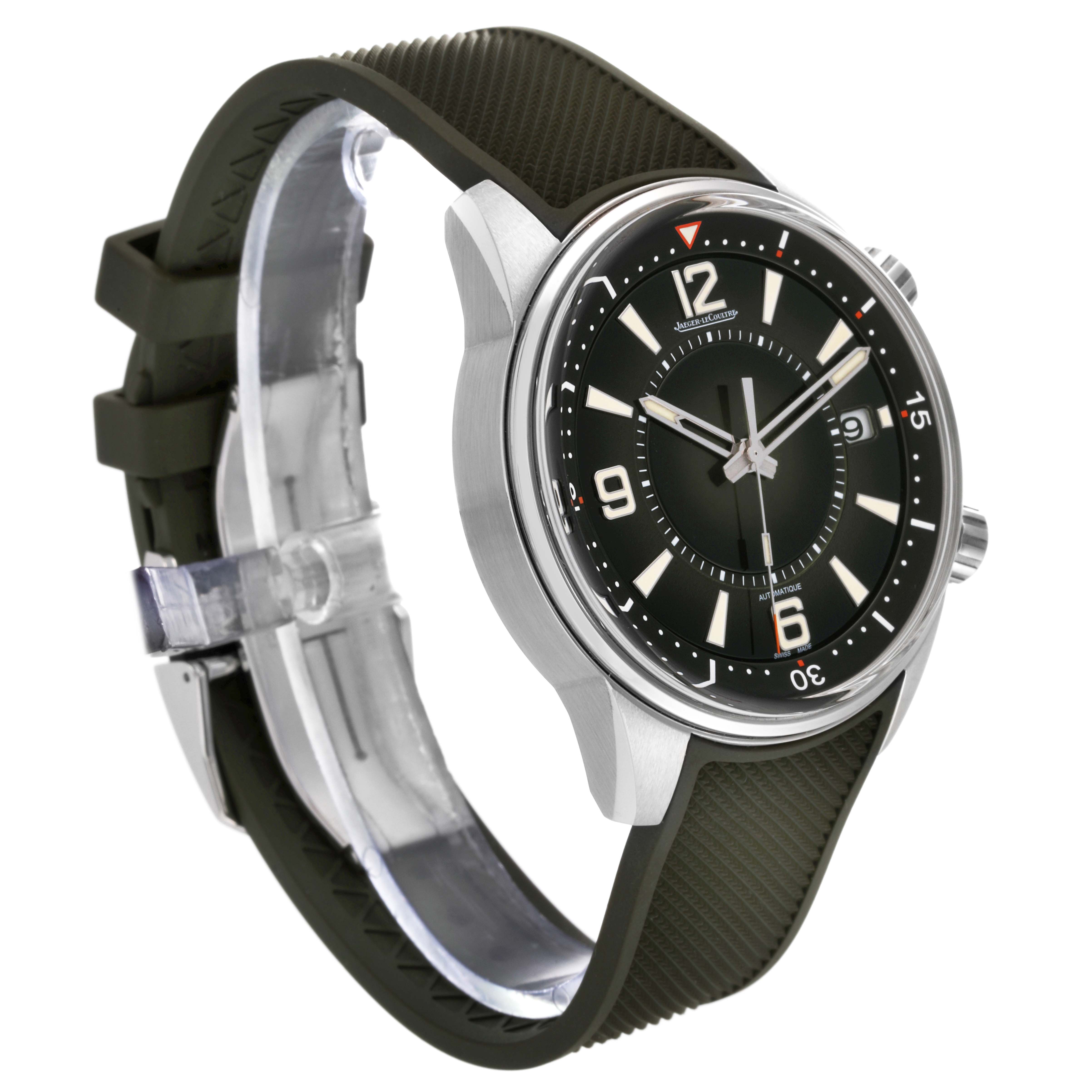 The image shows a tilted side view of the Jaeger LeCoultre Polaris Q906863J Men's Stainless Steel Green Dial Q906863J Men's Stainless Steel Green Dial watch displaying its face, bezel, and strap.
