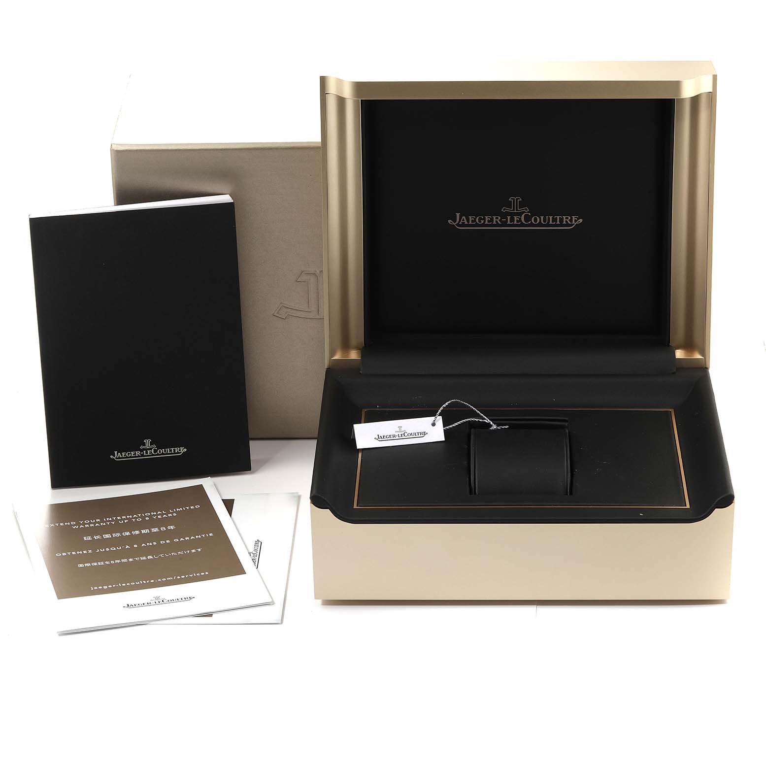 The image shows the packaging and accessories of a Jaeger LeCoultre Polaris Q906863J Men's Stainless Steel Green Dial Q906863J Men's Stainless Steel Green Dial watch, including the box, booklets, and tags.