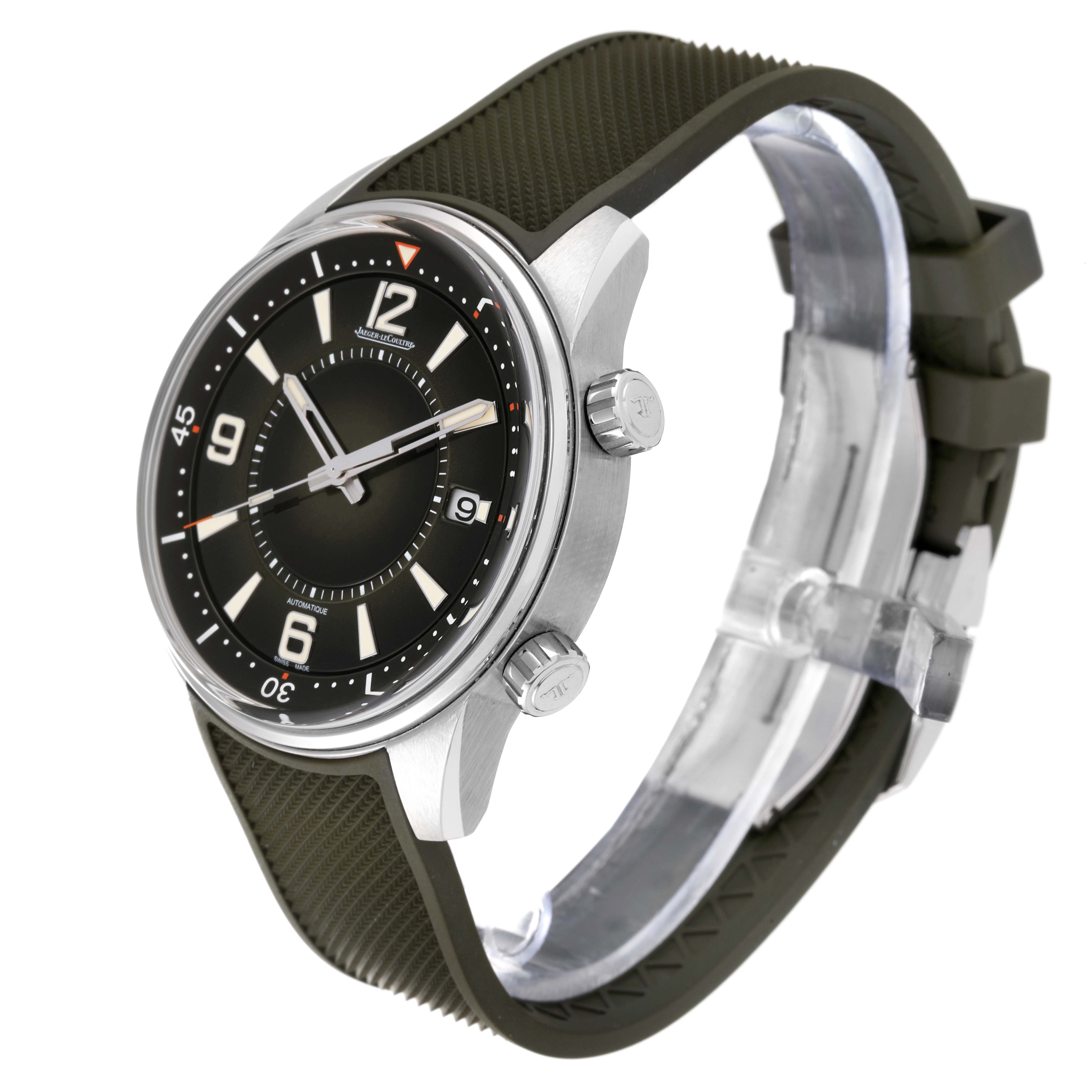 The Jaeger LeCoultre Polaris Q906863J Men's Stainless Steel Green Dial Q906863J Men's Stainless Steel Green Dial model watch is shown at a slight side angle, highlighting its black dial, two crowns, and greenish strap.