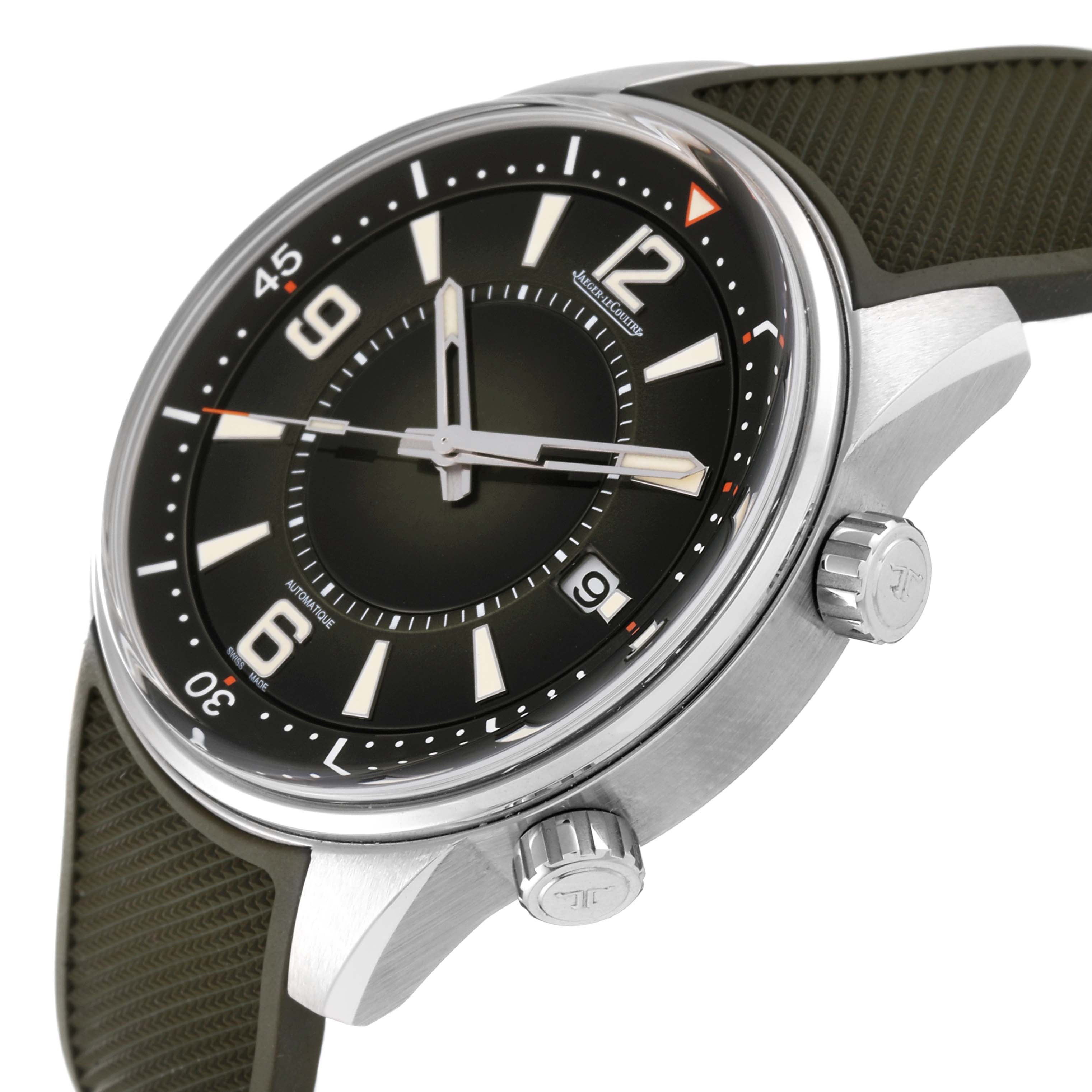 The image shows a close-up side view of the Jaeger LeCoultre Polaris Q906863J Men's Stainless Steel Green Dial Q906863J Men's Stainless Steel Green Dial model watch, highlighting its face, bezel, and crowns.