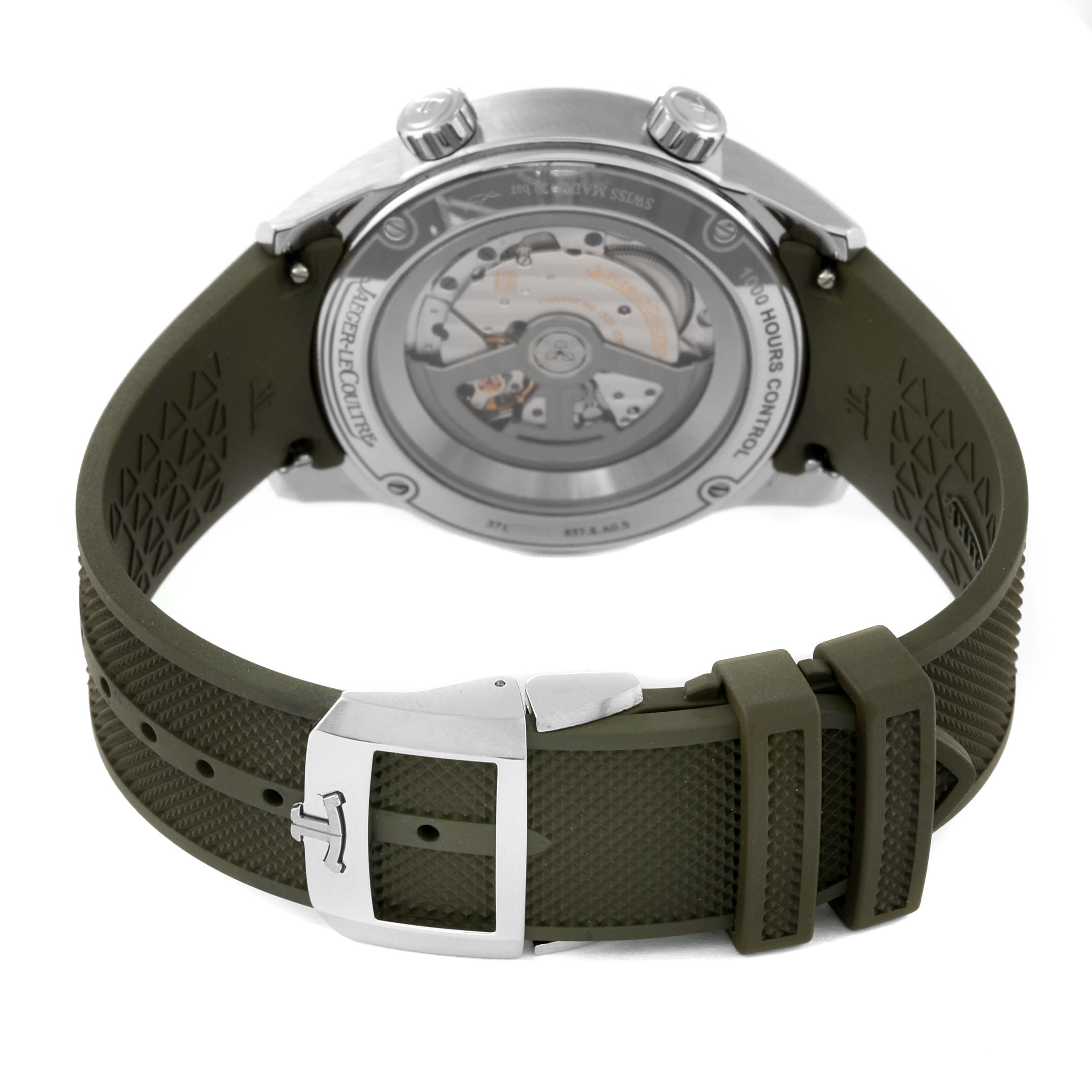 This image shows the back view of the Jaeger-LeCoultre Polaris watch, highlighting the case back and the green rubber strap with a buckle.