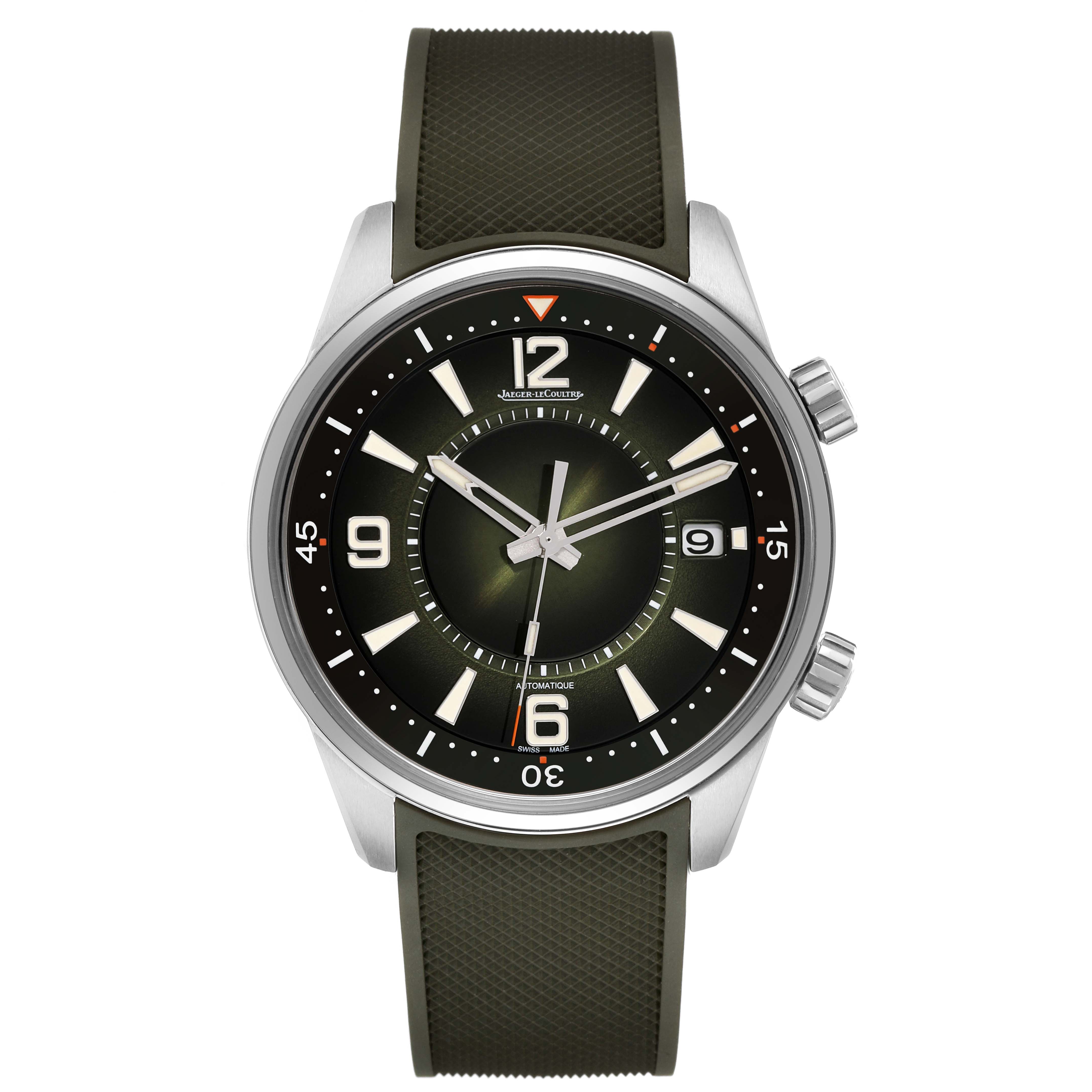 The Jaeger LeCoultre Polaris Q906863J Men's Stainless Steel Green Dial Q906863J Men's Stainless Steel Green Dial watch is shown from a top-down angle, featuring its face, hands, indices, and two crowns.