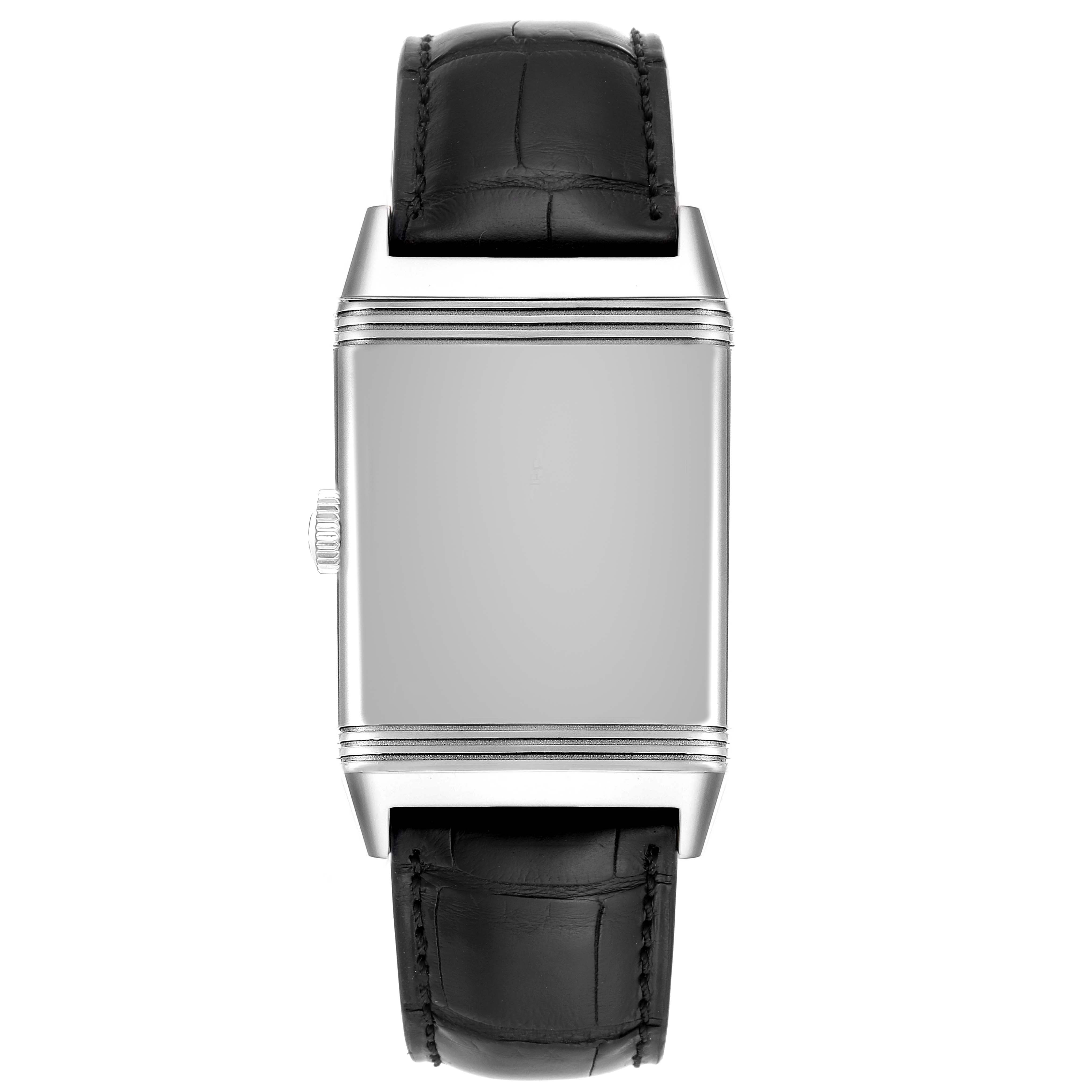 The image shows a front view of a Jaeger LeCoultre Reverso Q3858520 Men
s Stainless Steel Silver Dial Q3858520 Men
s Stainless Steel Silver Dial watch, highlighting its rectangular case, crown, and black leather strap.