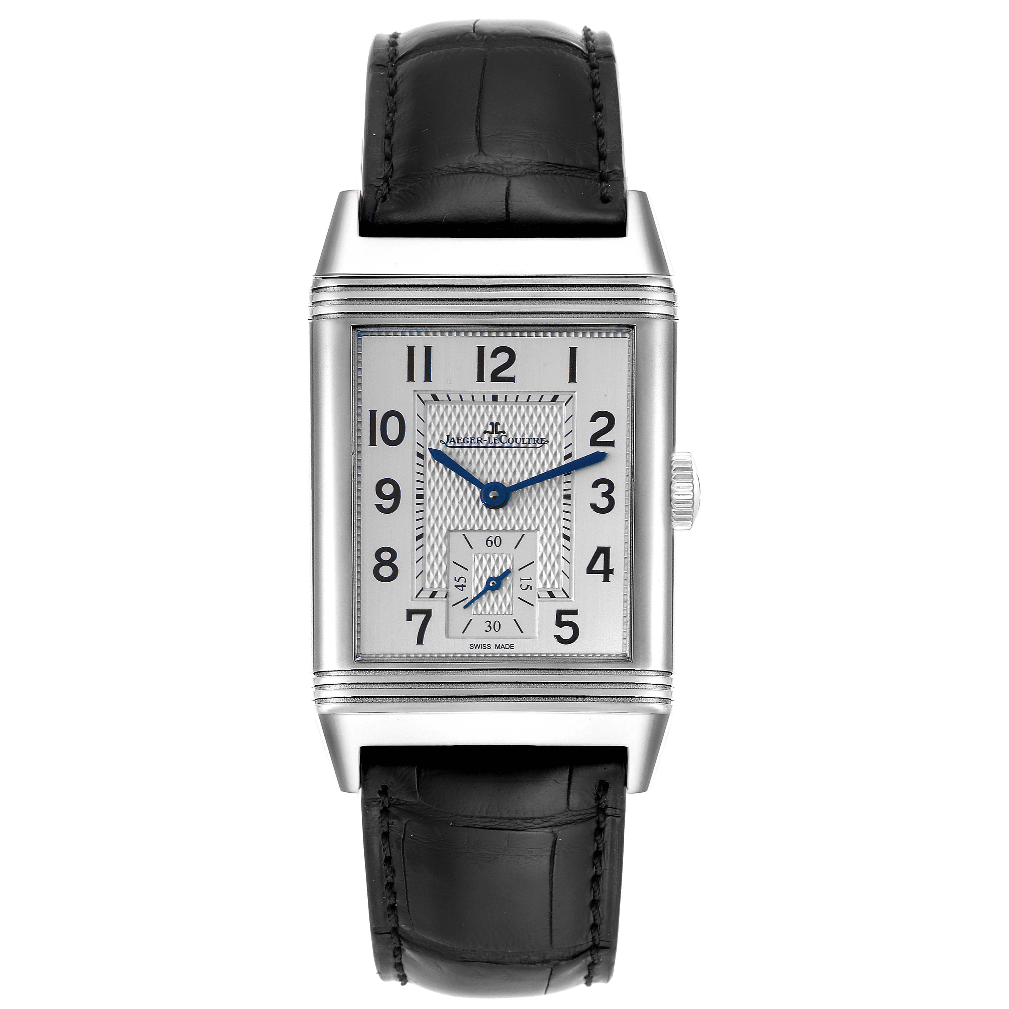 This image shows a front-facing view of the Jaeger-LeCoultre Reverso watch, highlighting its dial, case, and strap.