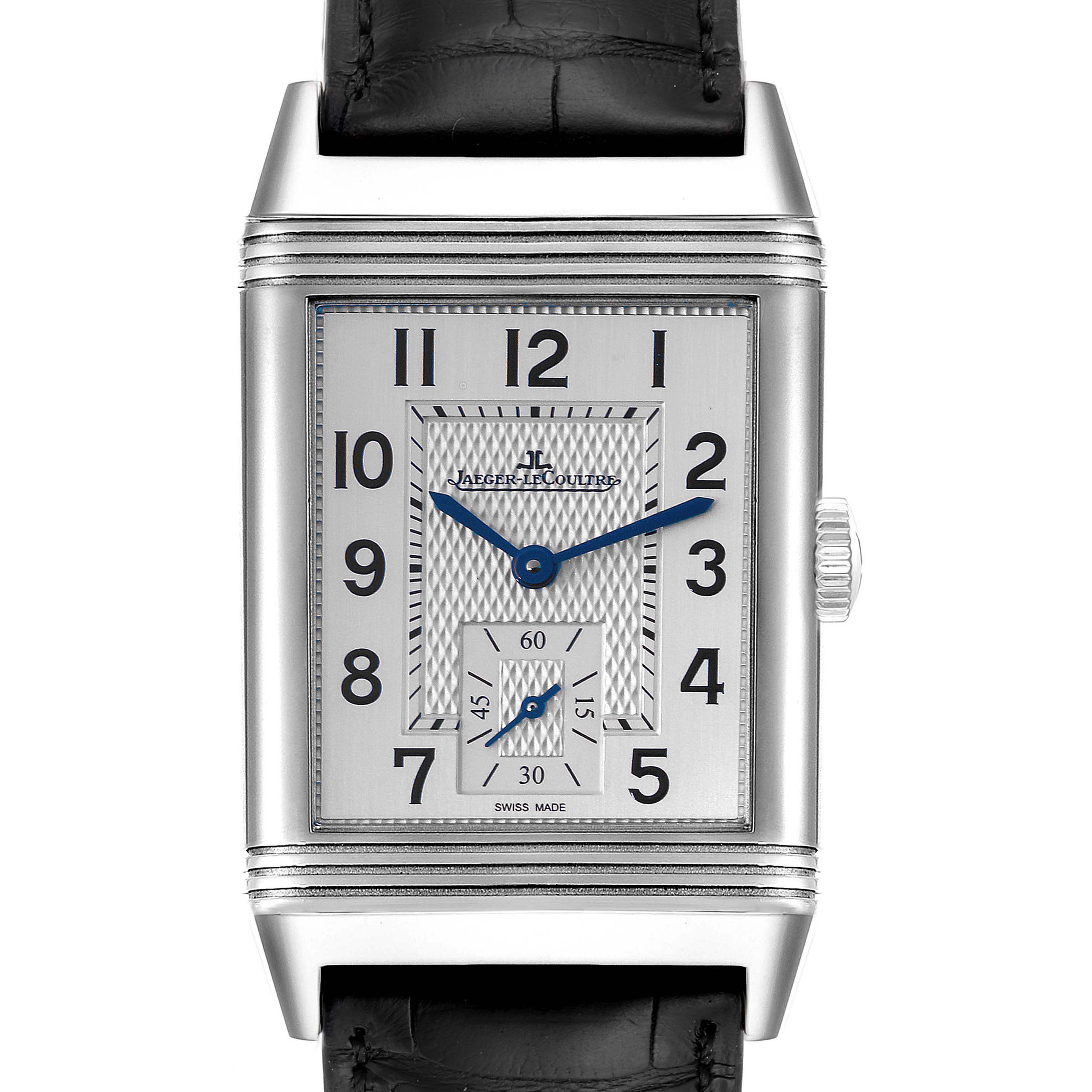 The image shows a front view of the Jaeger LeCoultre Reverso Q3858520 Men
s Stainless Steel Silver Dial Q3858520 Men
s Stainless Steel Silver Dial watch, displaying the dial, numerals, hands, and strap.