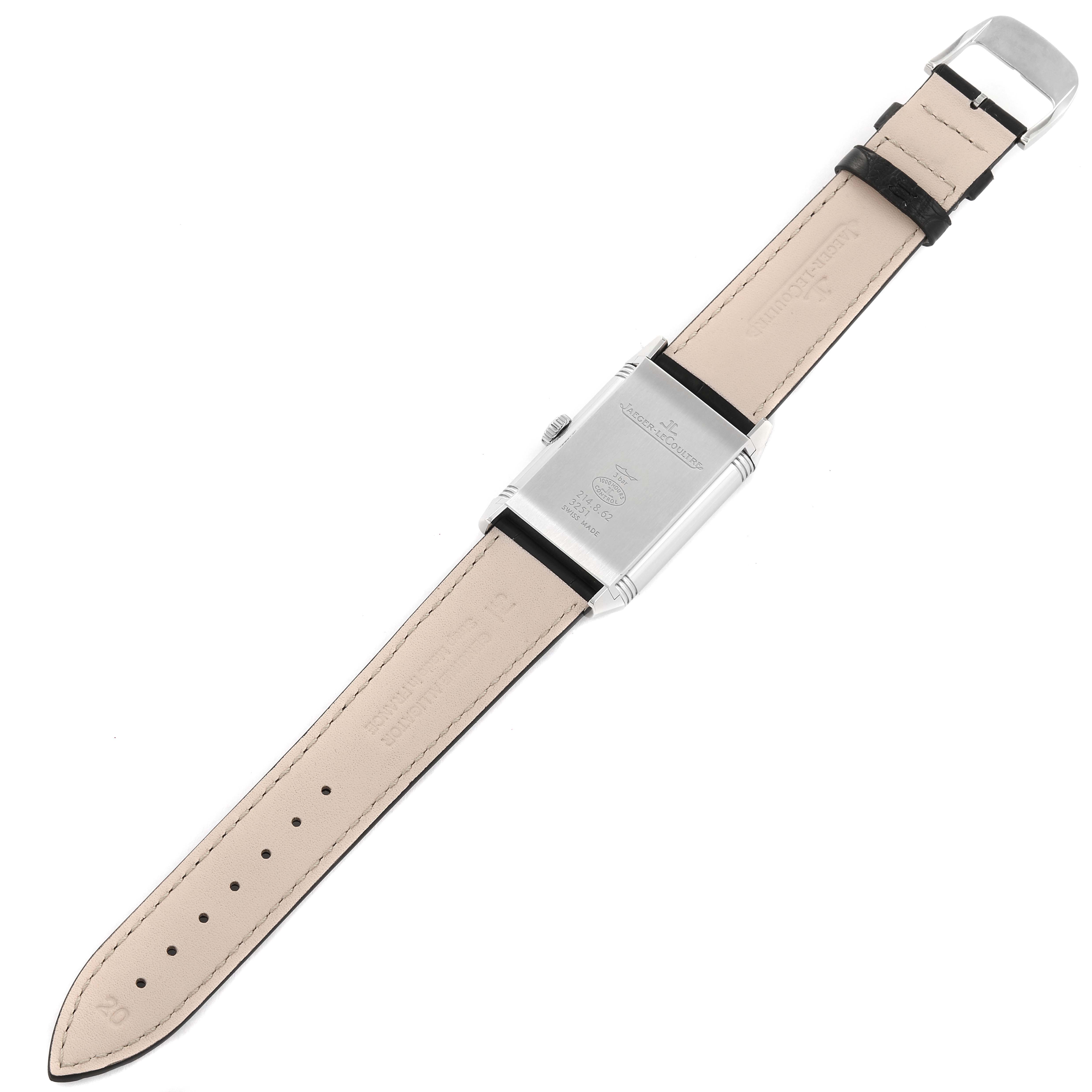 The image shows the back of the Jaeger-LeCoultre Reverso watch and the full length of its leather strap.