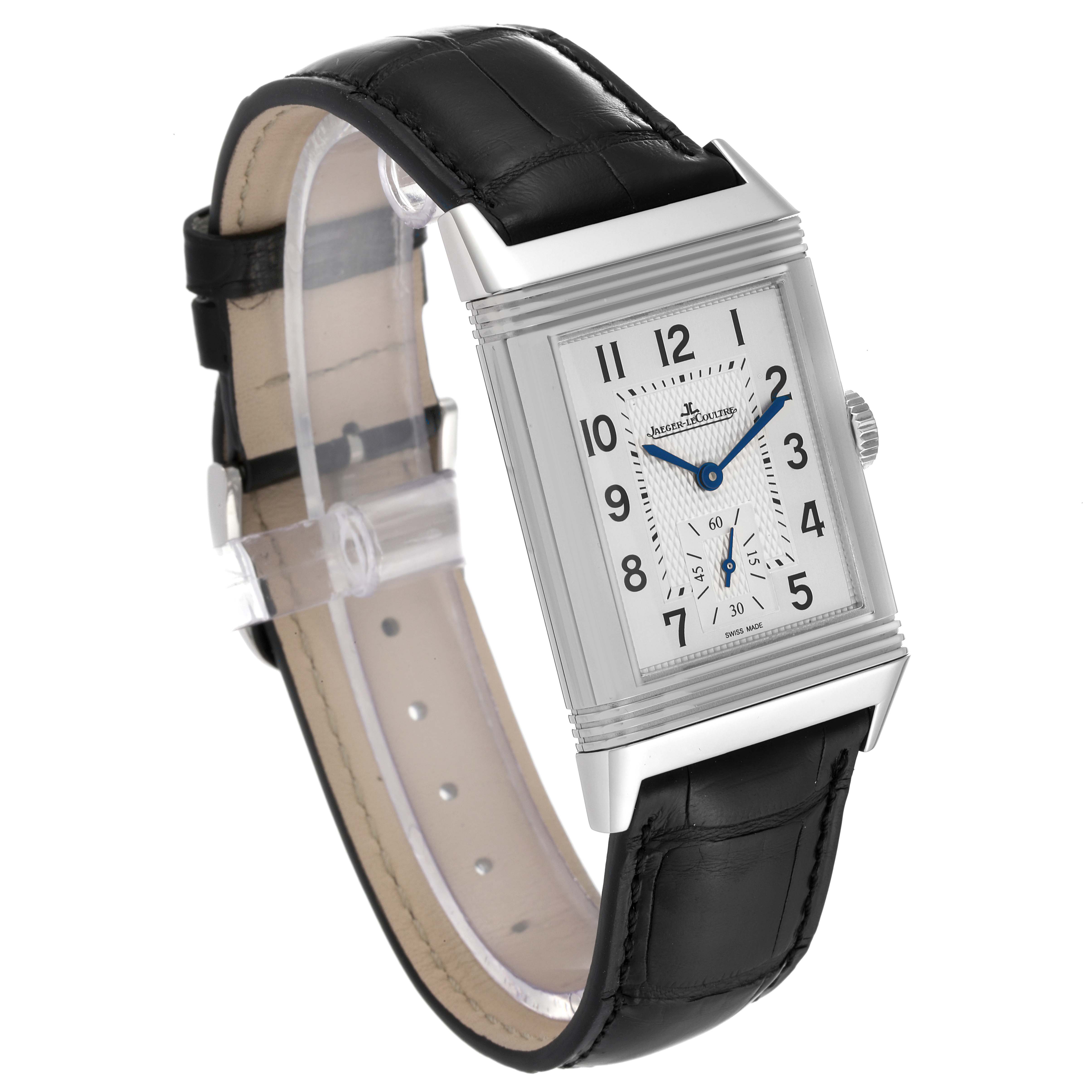 This image shows a Jaeger LeCoultre Reverso Q3858520 Men
s Stainless Steel Silver Dial Q3858520 Men
s Stainless Steel Silver Dial watch from an angled front view, displaying the rectangular dial and black leather strap.