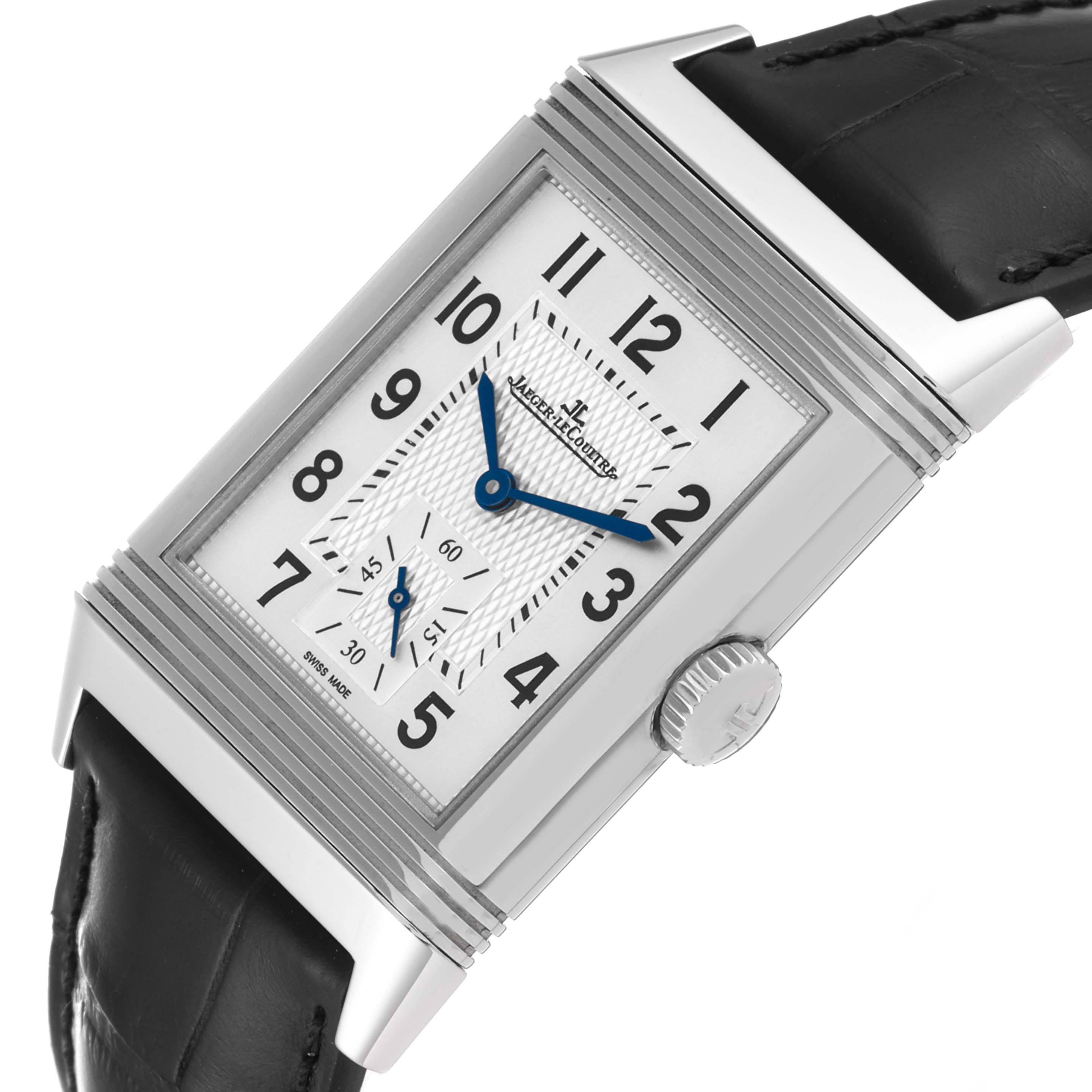 This image shows a close-up view of the Jaeger LeCoultre Reverso Q3858520 Men's Stainless Steel Silver Dial Q3858520 Men's Stainless Steel Silver Dial watch face, crown, and part of the leather strap.