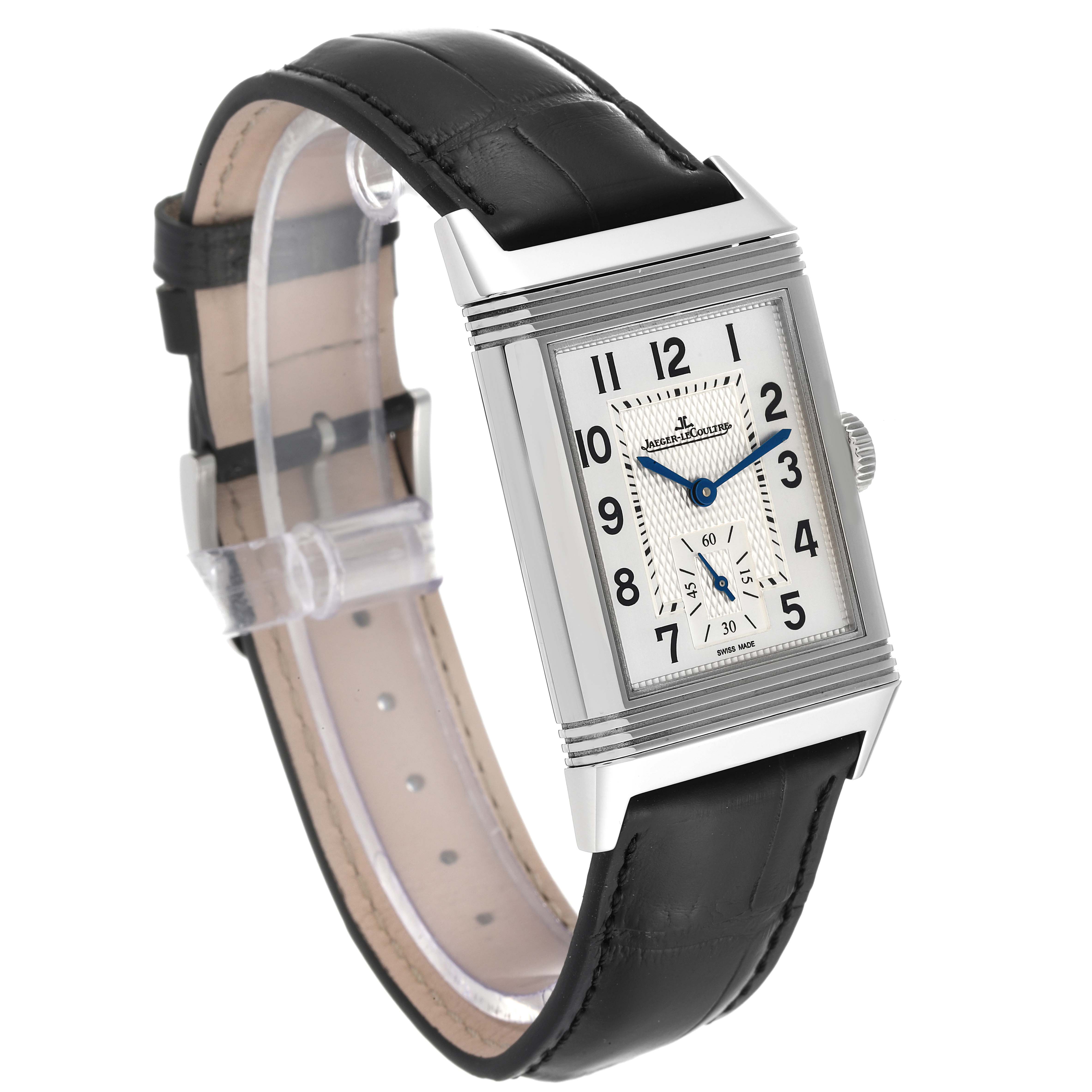 The image shows a Jaeger-LeCoultre Reverso model watch at a slight side angle displaying the face, case, and leather strap.