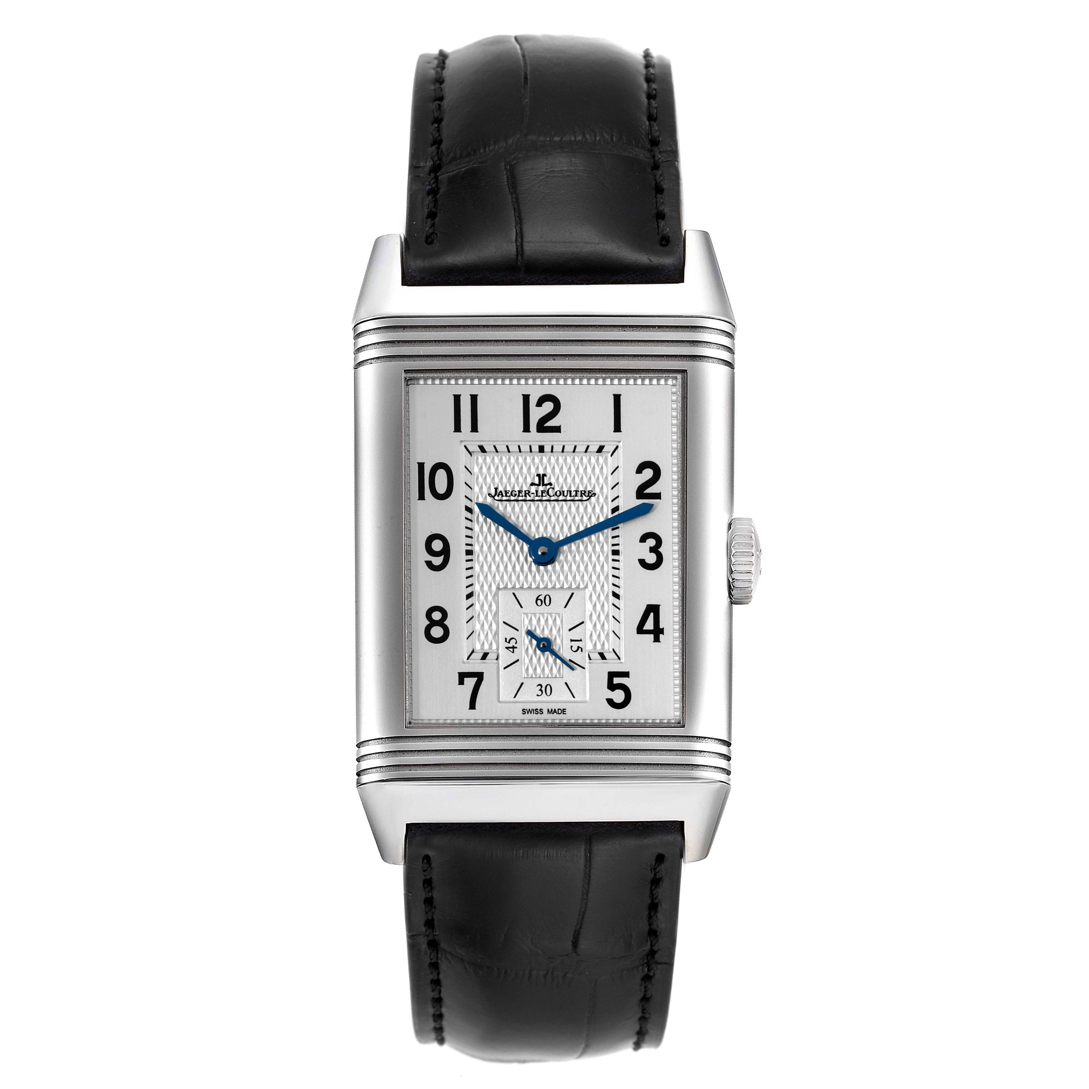 This image shows a front view of the Jaeger LeCoultre Reverso Q3858520 Men's Stainless Steel Silver Dial Q3858520 Men's Stainless Steel Silver Dial watch with its rectangular dial and black leather strap.