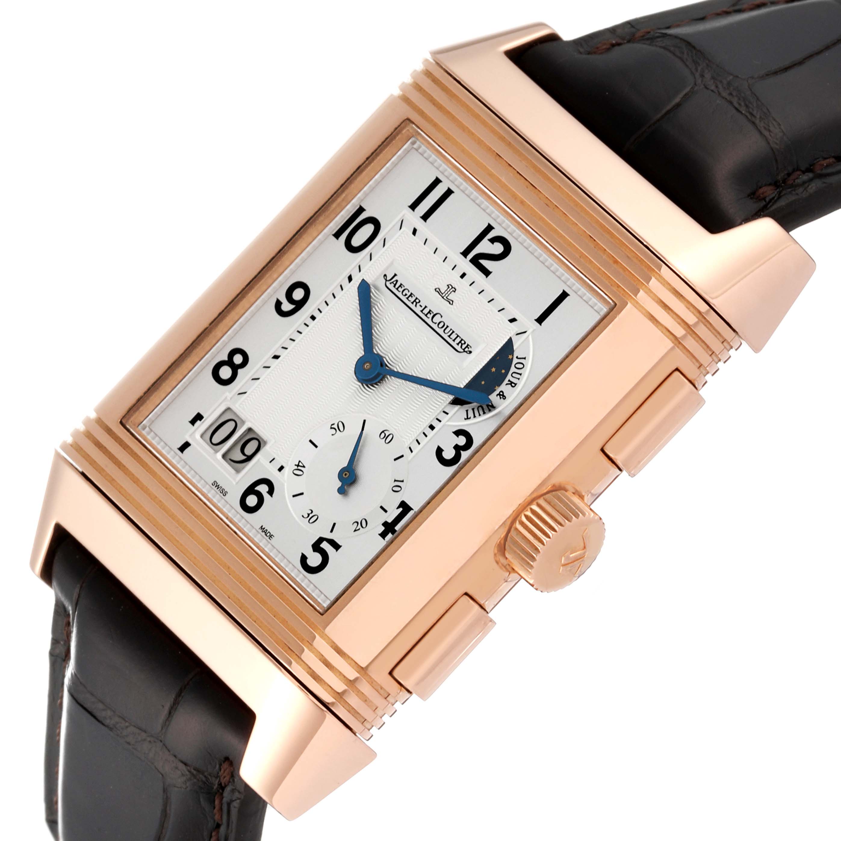 The Reverso model by Jaeger LeCoultre is shown at an angle, highlighting the rectangular dial, crown, and part of the strap.