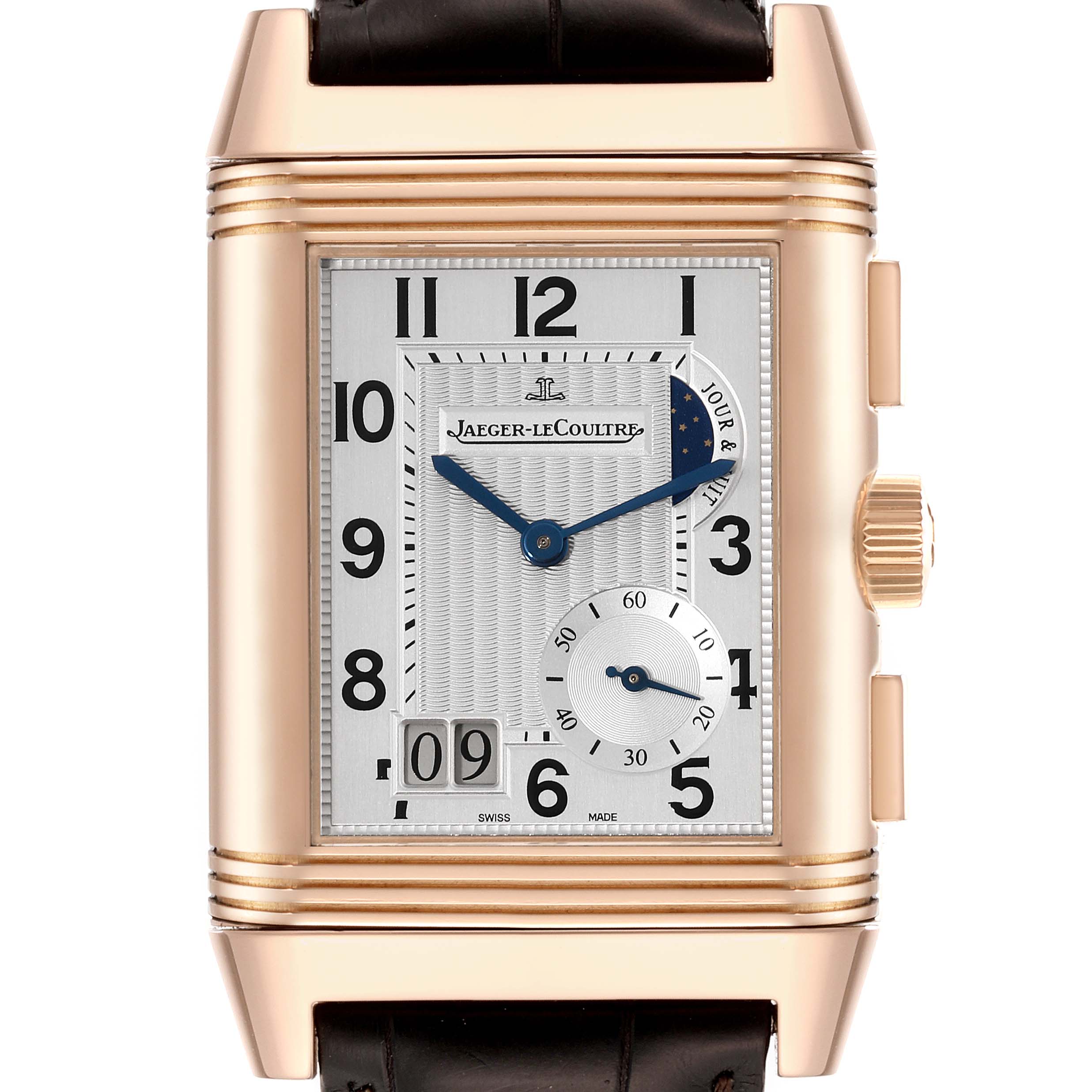 The Jaeger-LeCoultre Reverso watch is shown from the front, displaying the face, crown, and part of the strap.
