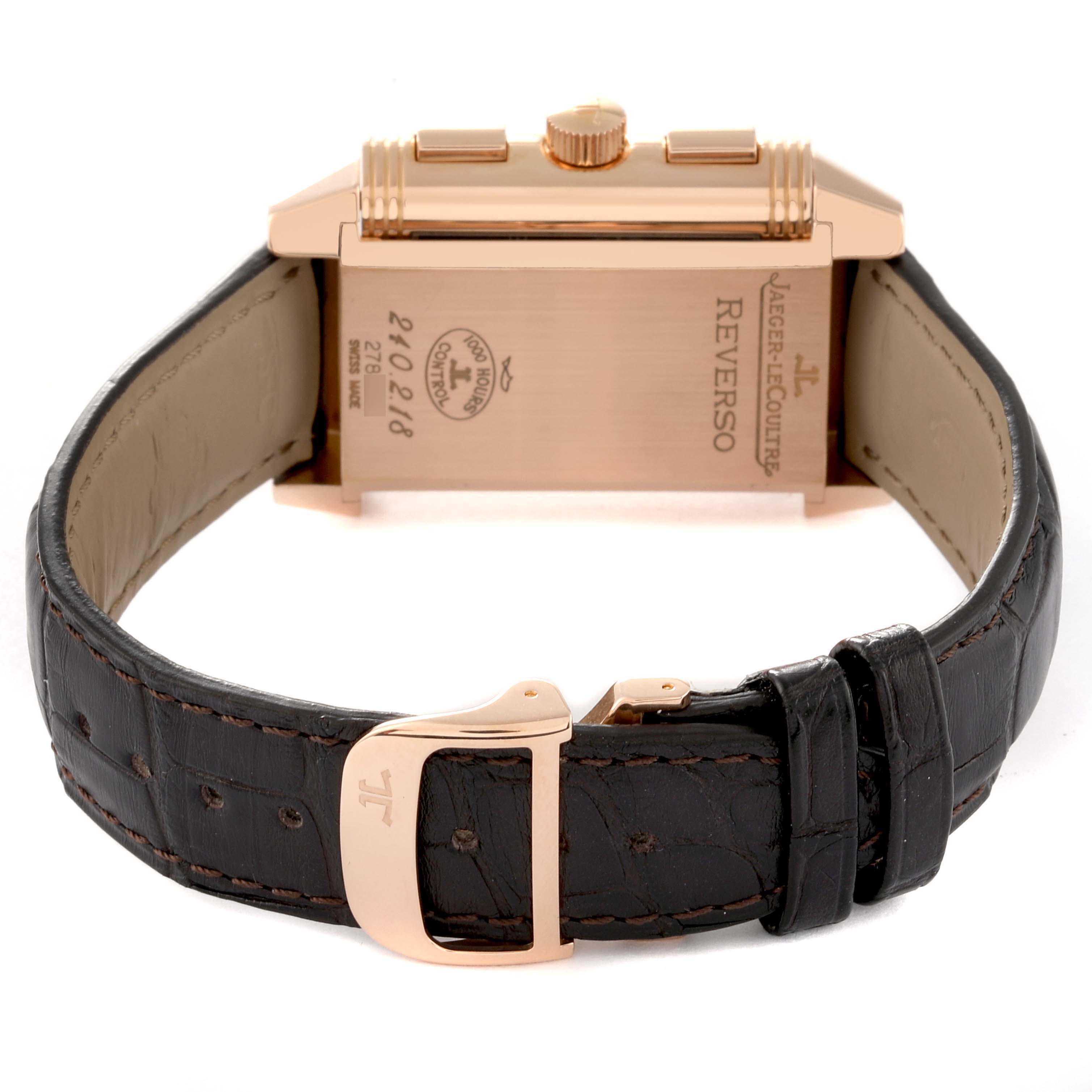The image shows the back view of a Jaeger LeCoultre Reverso Q3022420 Men's Rose Gold Silver Dial Q3022420 Men's Rose Gold Silver Dial watch, highlighting the clasp, strap, and case back details.