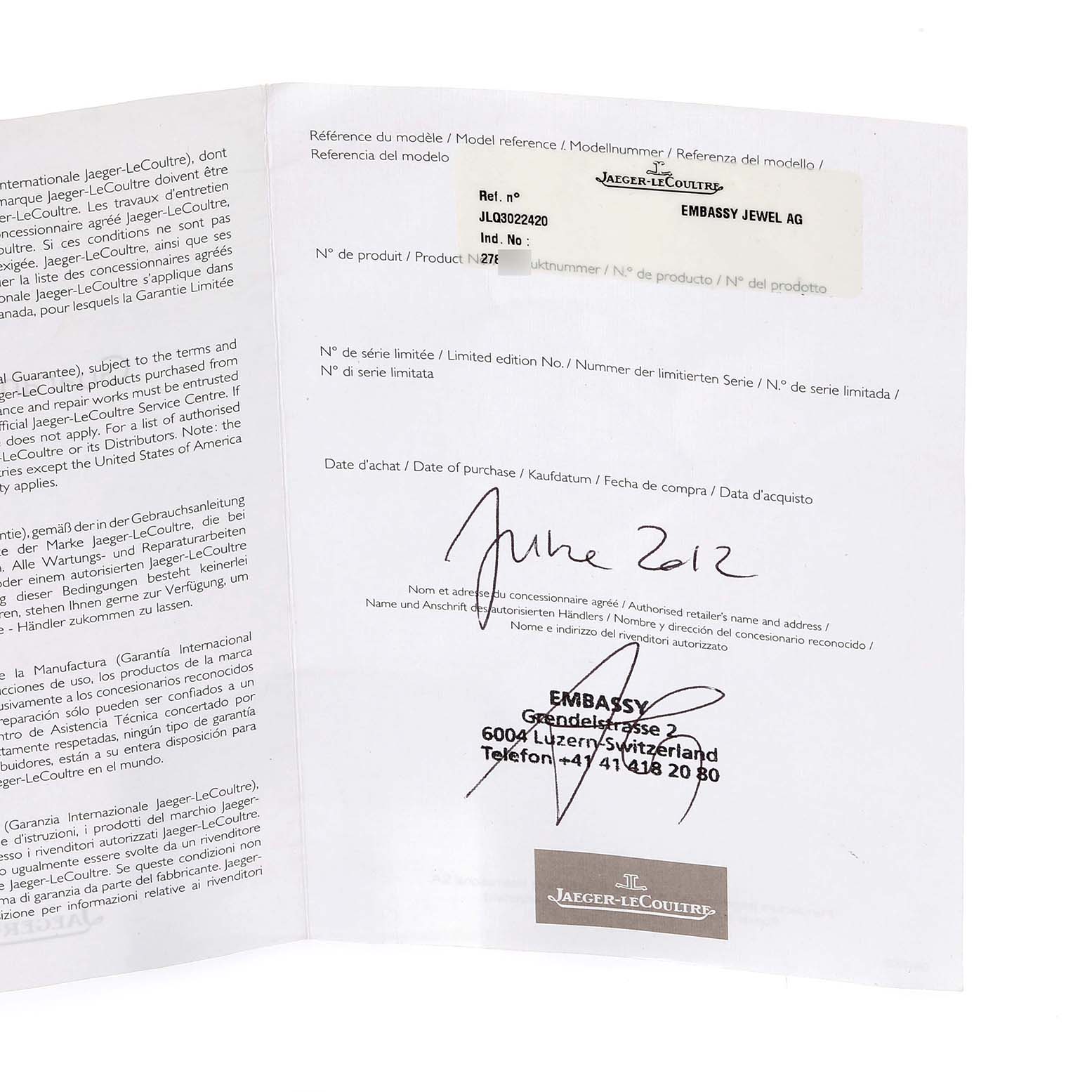 This document for the Jaeger LeCoultre Reverso Q3022420 Men's Rose Gold Silver Dial Q3022420 Men's Rose Gold Silver Dial model watch shows the model information, purchase date, and retailer details.