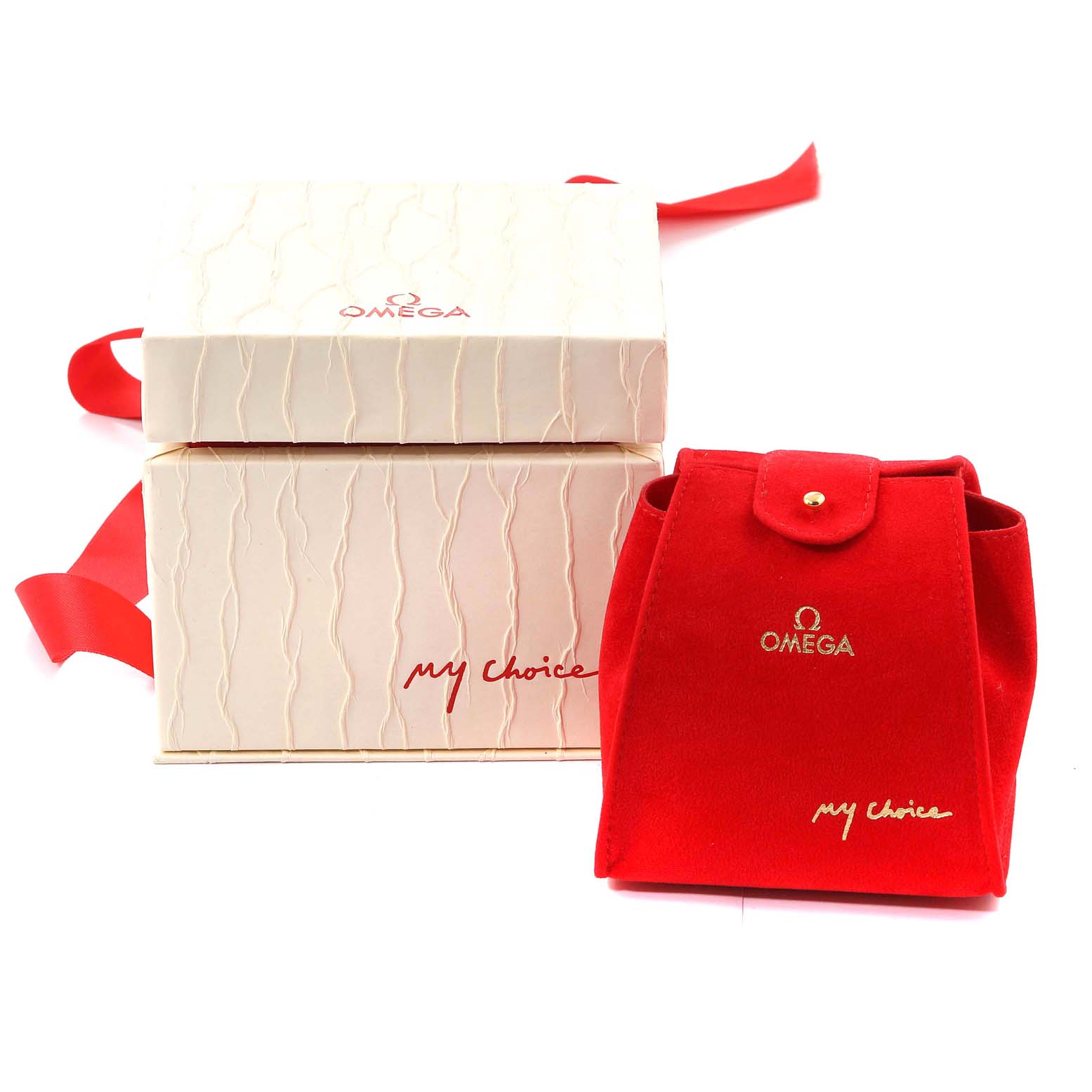 The image shows the packaging accessories for the Omega 1465.79.00 Women
s Stainless Steel Mother of Pearl Dial 1465.79.00 Women
s Stainless Steel Mother of Pearl Dial Constellation Iris My Choice Ladies Watch 1465.79.00, including a red pouch and a white box.