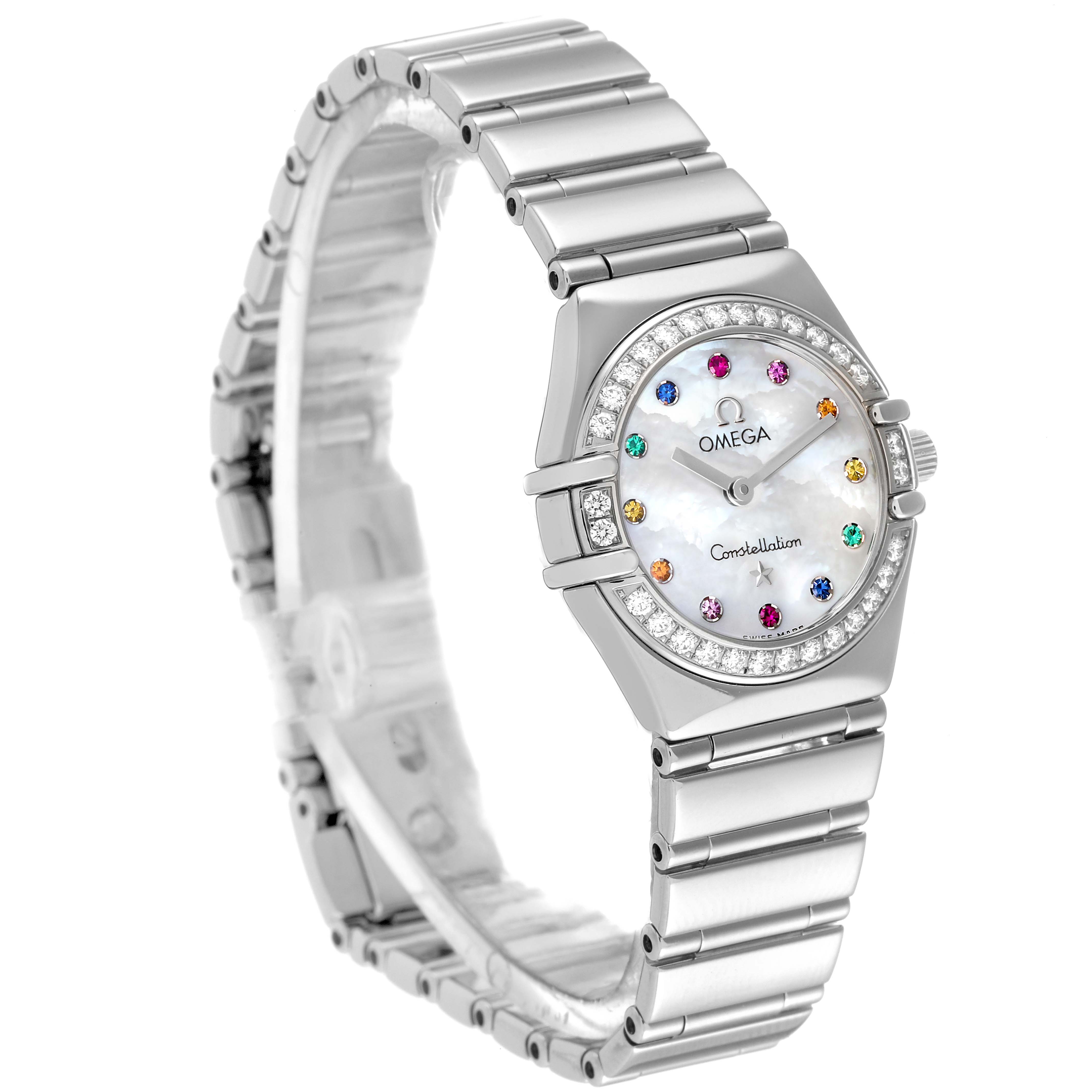 The Omega 1465.79.00 Women
s Stainless Steel Mother of Pearl Dial 1465.79.00 Women
s Stainless Steel Mother of Pearl Dial Constellation Iris My Choice model 1465.79.00 is shown from a three-quarter angle, displaying its face, band, and bezel.