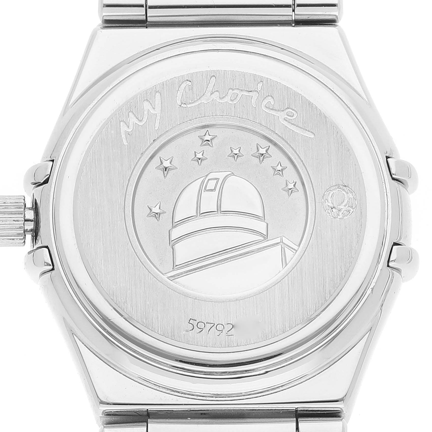 The image shows the back view of the Omega 1465.79.00 Women
s Stainless Steel Mother of Pearl Dial 1465.79.00 Women
s Stainless Steel Mother of Pearl Dial Constellation Iris My Choice Steel Ladies Watch 1465.79.00 featuring an engraved observatory and text.