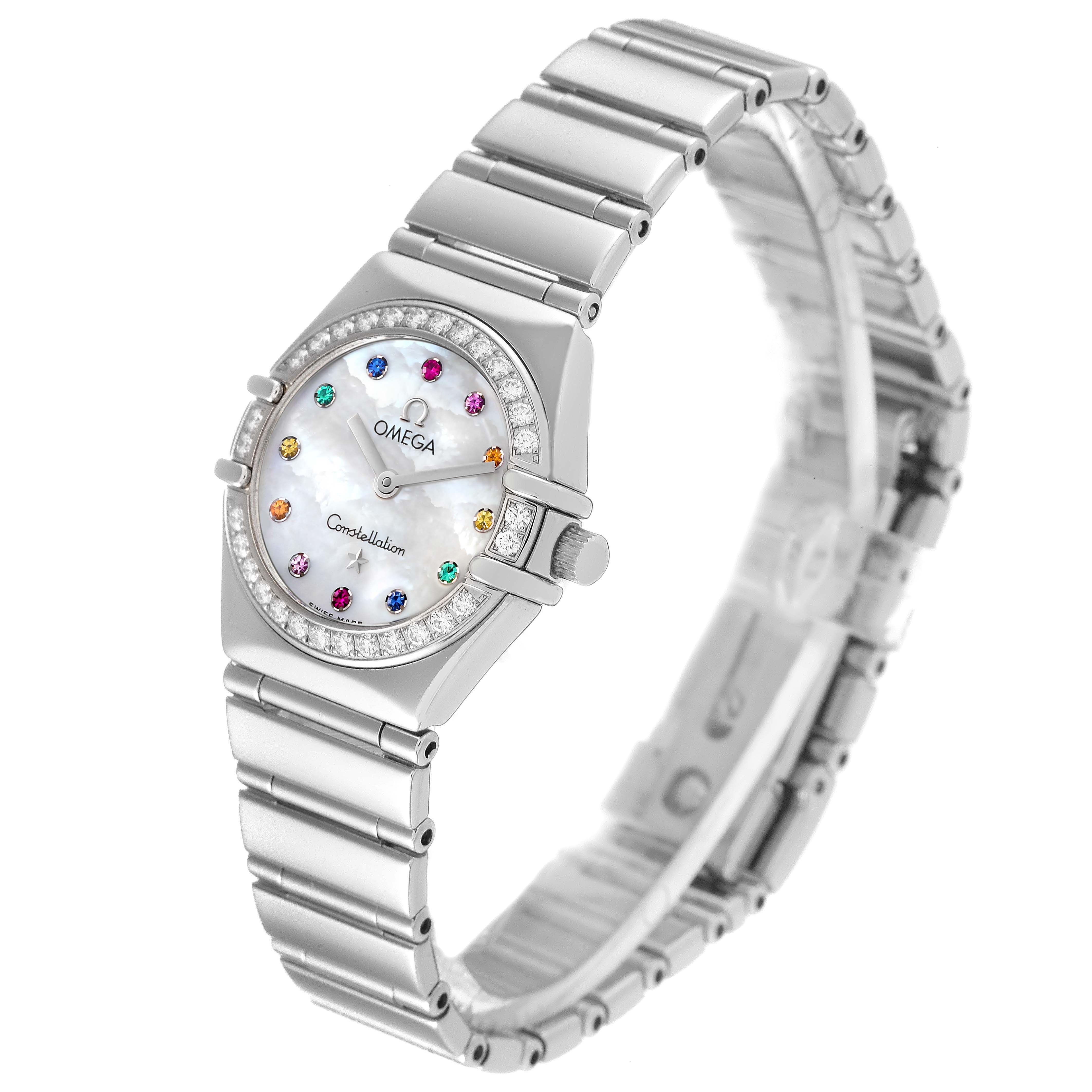 The Omega 1465.79.00 Women
s Stainless Steel Mother of Pearl Dial 1465.79.00 Women
s Stainless Steel Mother of Pearl Dial Constellation Iris My Choice Steel Mother of Pearl Multi Stone Ladies Watch 1465.79.00 is shown at a three-quarter view, highlighting its face, bezel, and bracelet.