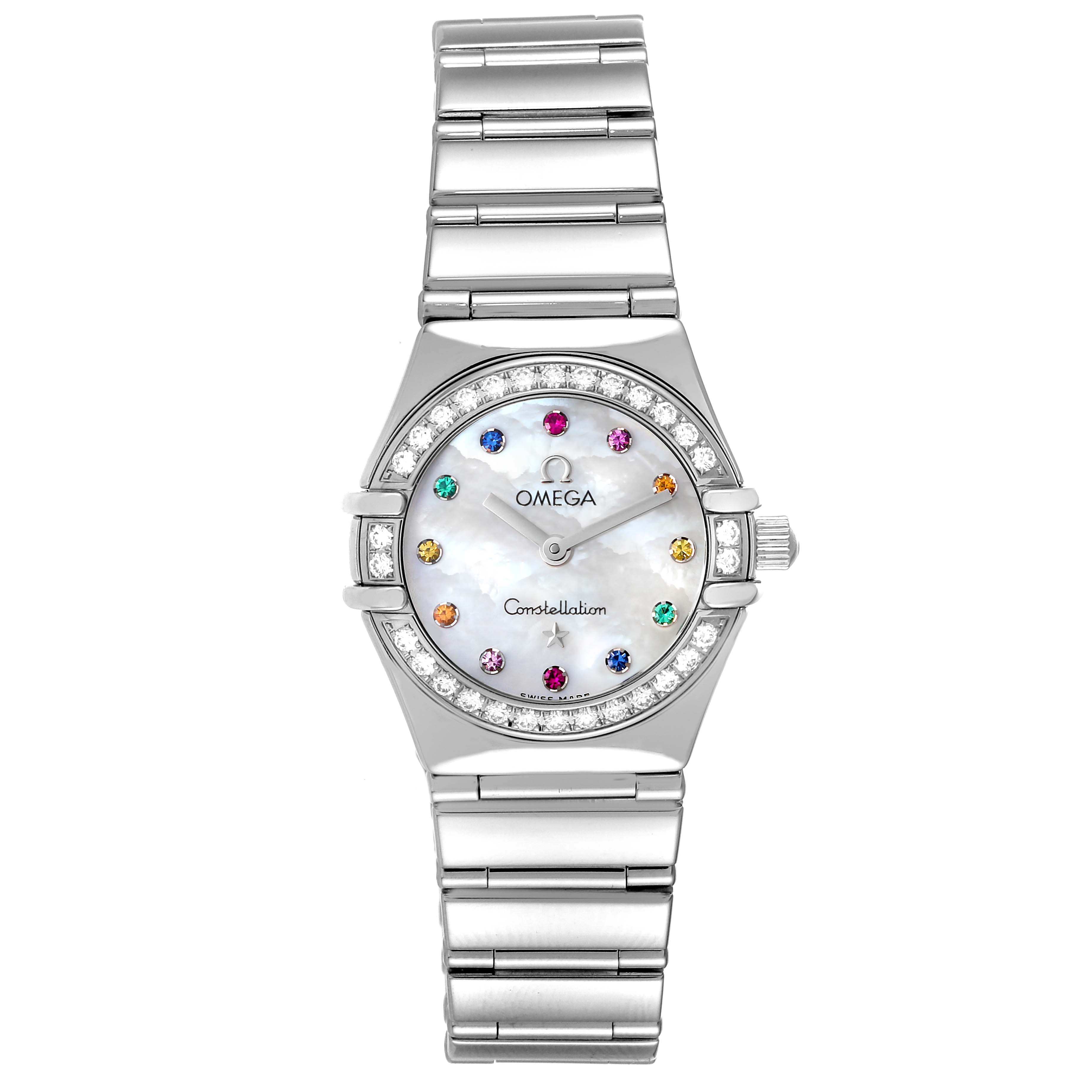 The image shows a front view of the Omega 1465.79.00 Women
s Stainless Steel Mother of Pearl Dial 1465.79.00 Women
s Stainless Steel Mother of Pearl Dial Constellation Iris My Choice Steel Mother of Pearl Multi Stone Ladies Watch 1465.79.00.