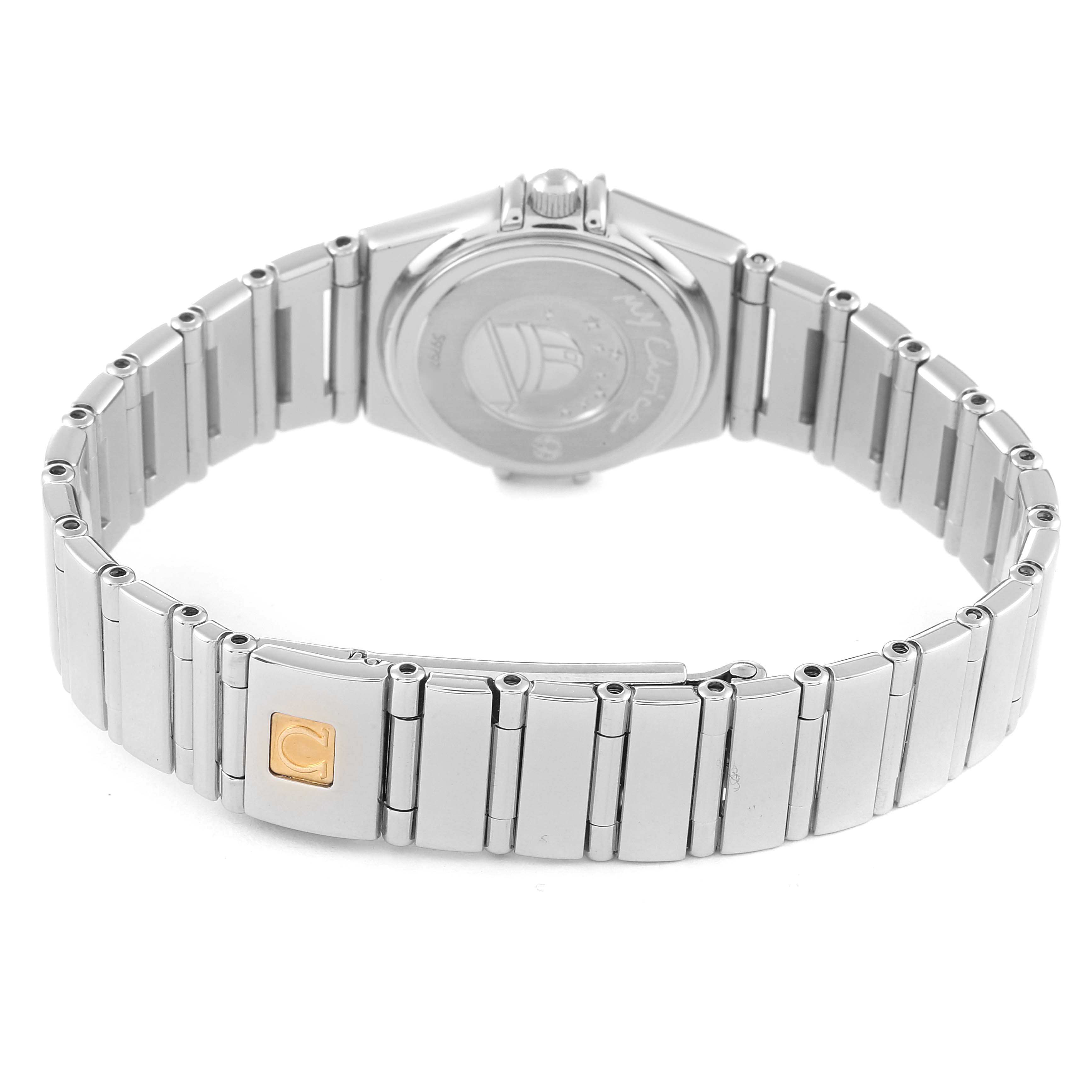 The image shows the back view of the Omega 1465.79.00 Women
s Stainless Steel Mother of Pearl Dial 1465.79.00 Women
s Stainless Steel Mother of Pearl Dial Constellation Iris My Choice Steel Mother of Pearl Multi Stone Ladies Watch 1465.79.00, highlighting its bracelet and clasp.