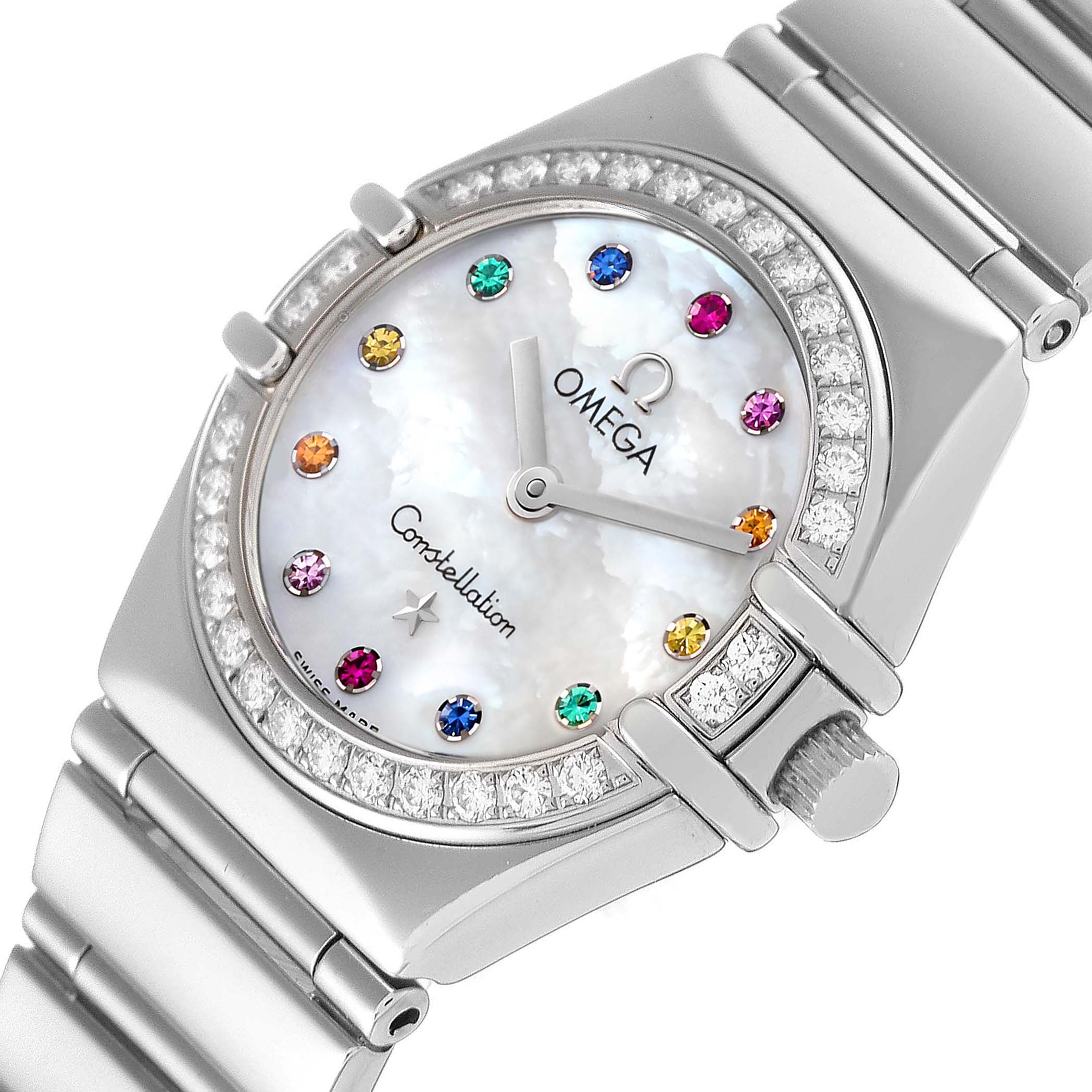 The image shows a close-up view of the dial and part of the bracelet of the Omega 1465.79.00 Women
s Stainless Steel Mother of Pearl Dial 1465.79.00 Women
s Stainless Steel Mother of Pearl Dial Constellation Iris My Choice Steel Mother of Pearl Multi Stone Ladies Watch 1465.79.00.