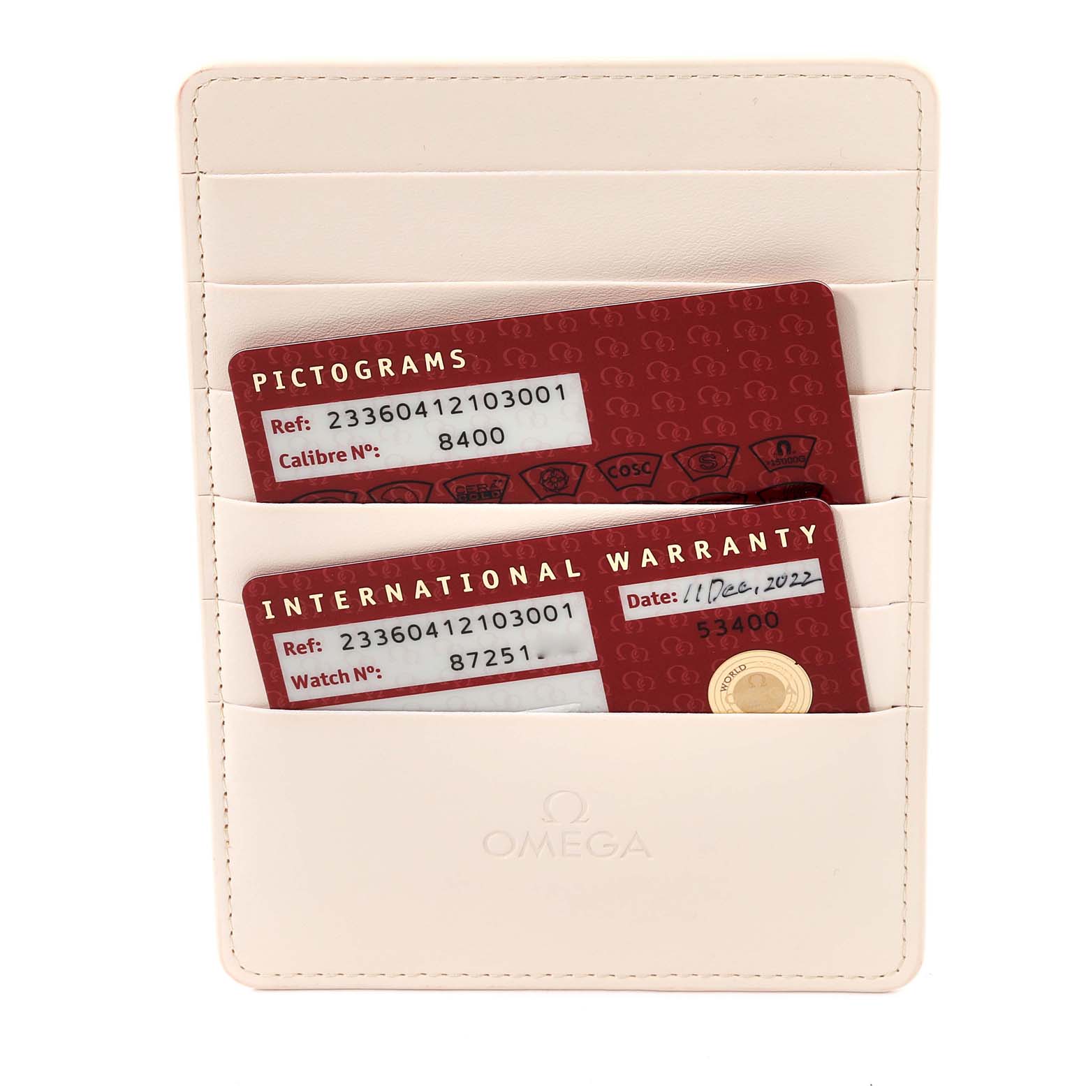 The image shows the warranty and pictograms cards for the Omega Seamaster 233.60.41.21.03.001 Men's Titanium Blue Dial 233.60.41.21.03.001 Men's Titanium Blue Dial watch, inside a branded cardholder.