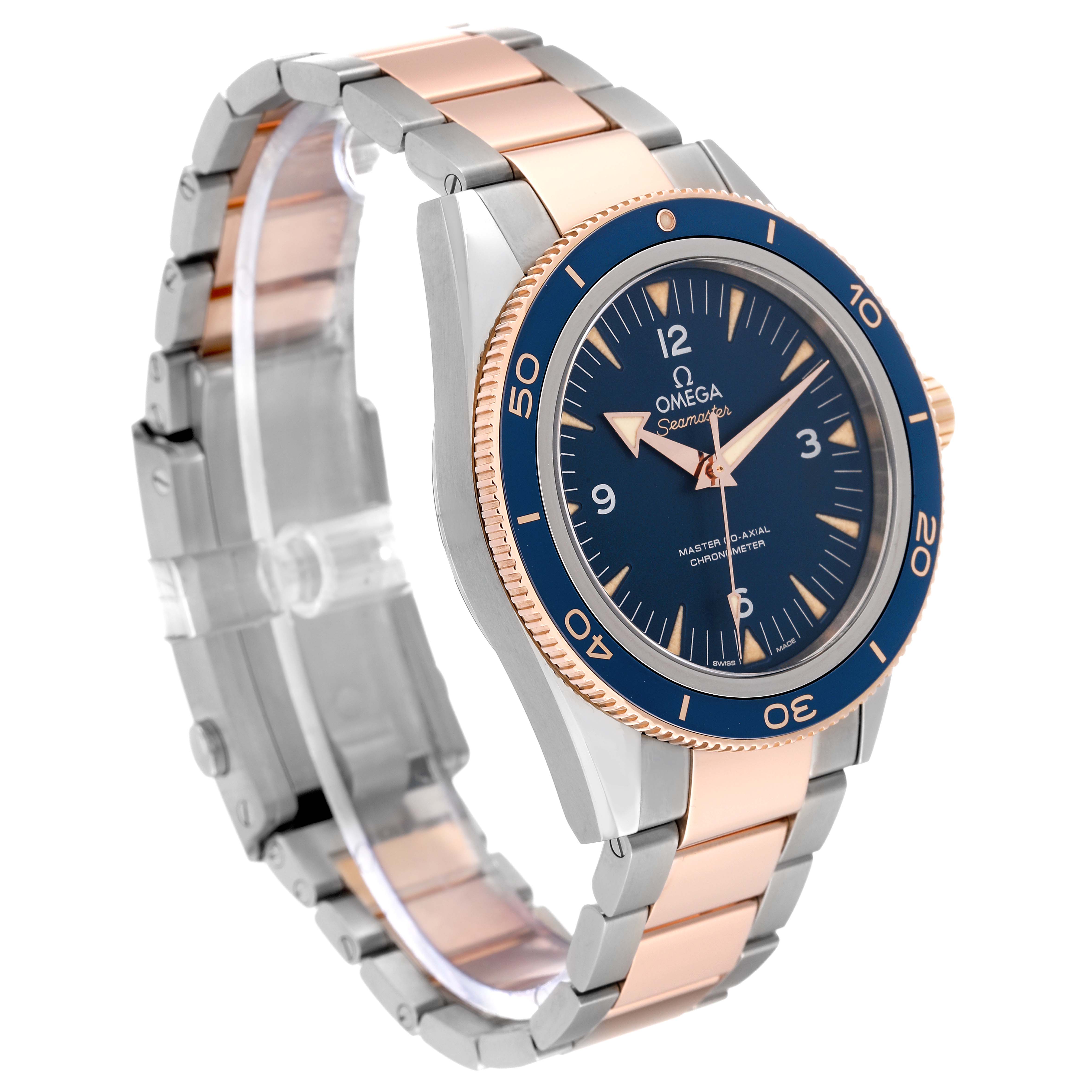 The Omega Seamaster 233.60.41.21.03.001 Men's Titanium Blue Dial 233.60.41.21.03.001 Men's Titanium Blue Dial watch is shown at a three-quarter angle, highlighting its blue dial, bi-color bracelet, and bezel.