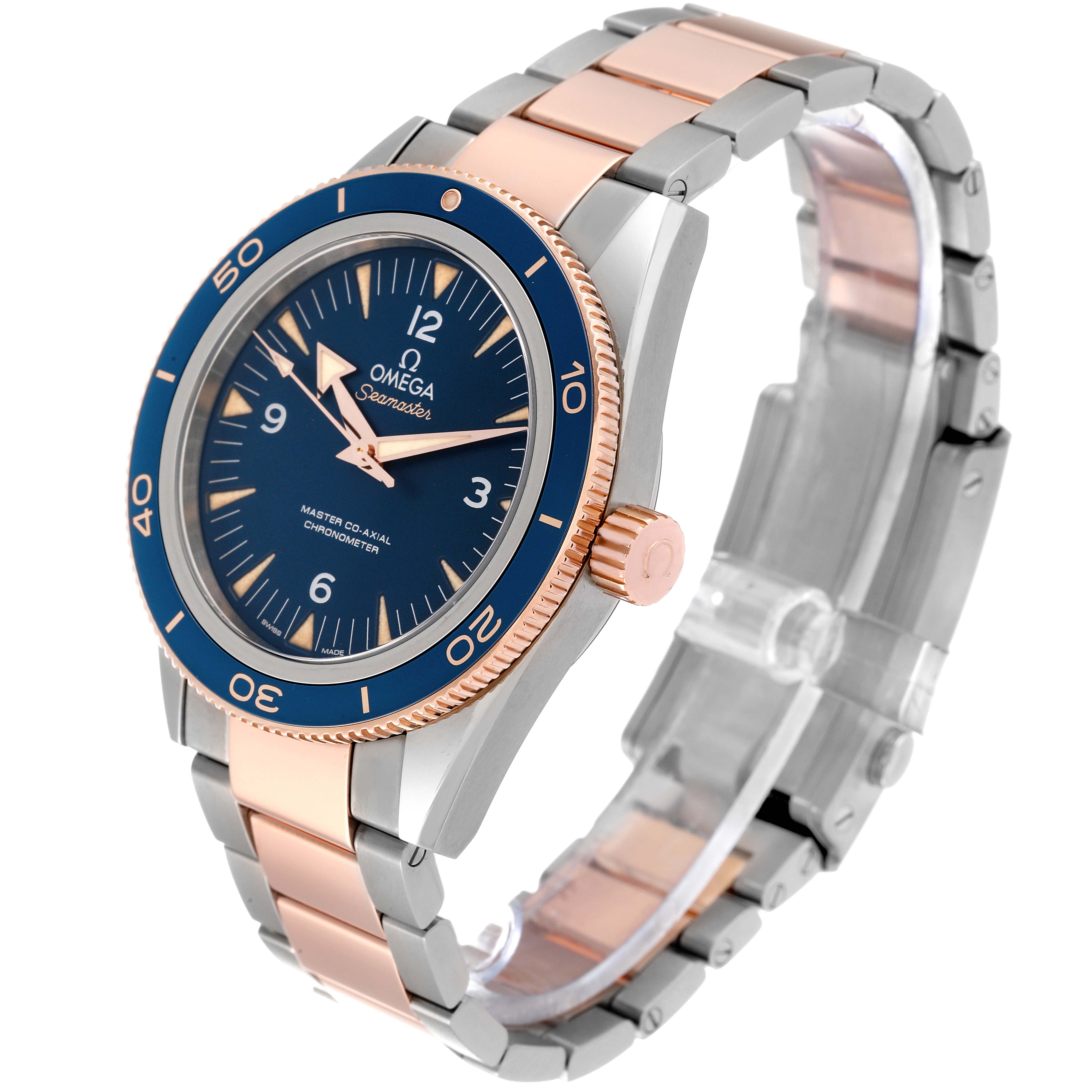 The Omega Seamaster 233.60.41.21.03.001 Men's Titanium Blue Dial 233.60.41.21.03.001 Men's Titanium Blue Dial watch is shown at a slight angle, displaying its face, bezel, crown, and two-tone bracelet.