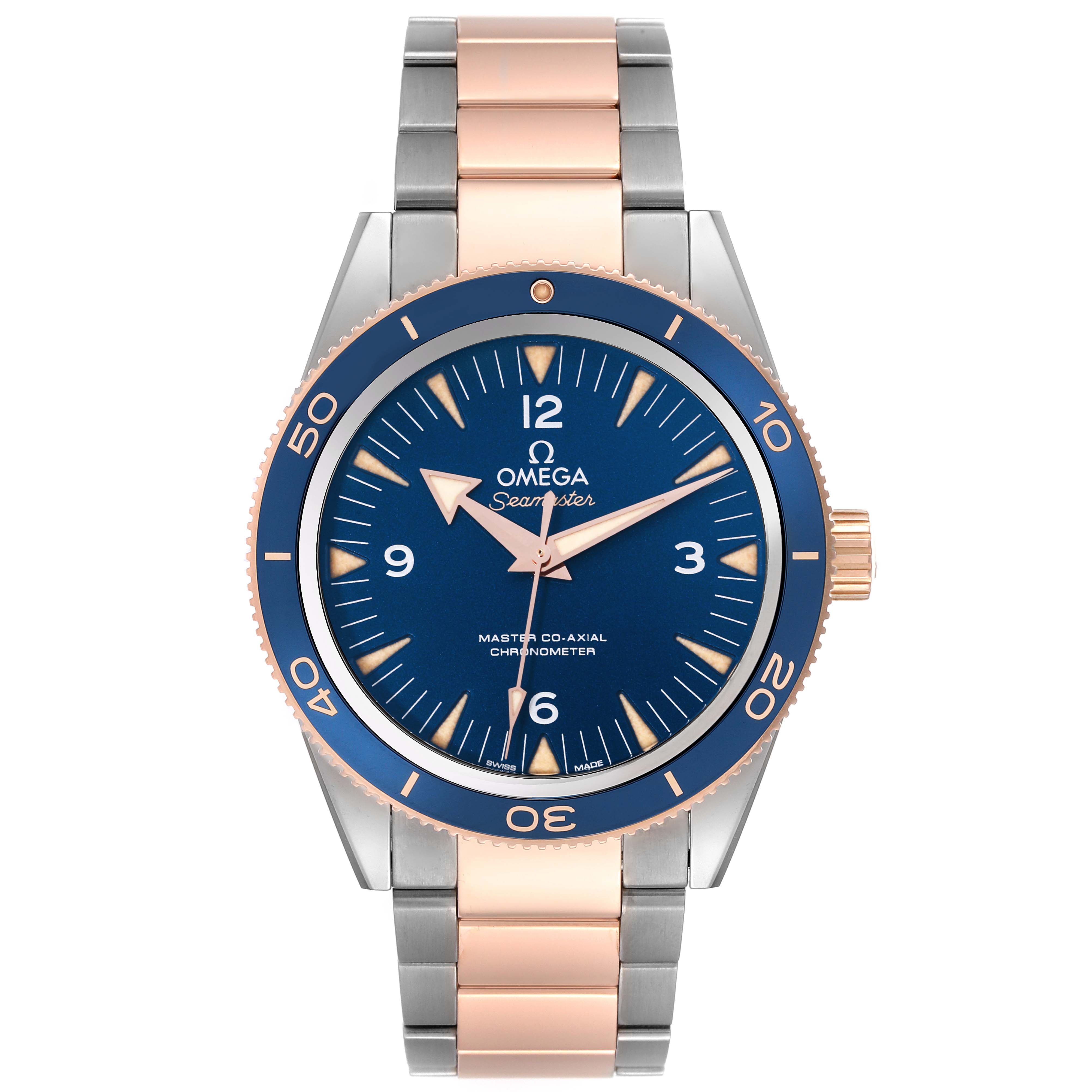 The image shows a front view of an Omega Seamaster 233.60.41.21.03.001 Men's Titanium Blue Dial 233.60.41.21.03.001 Men's Titanium Blue Dial watch, highlighting its blue dial and two-tone metal bracelet.