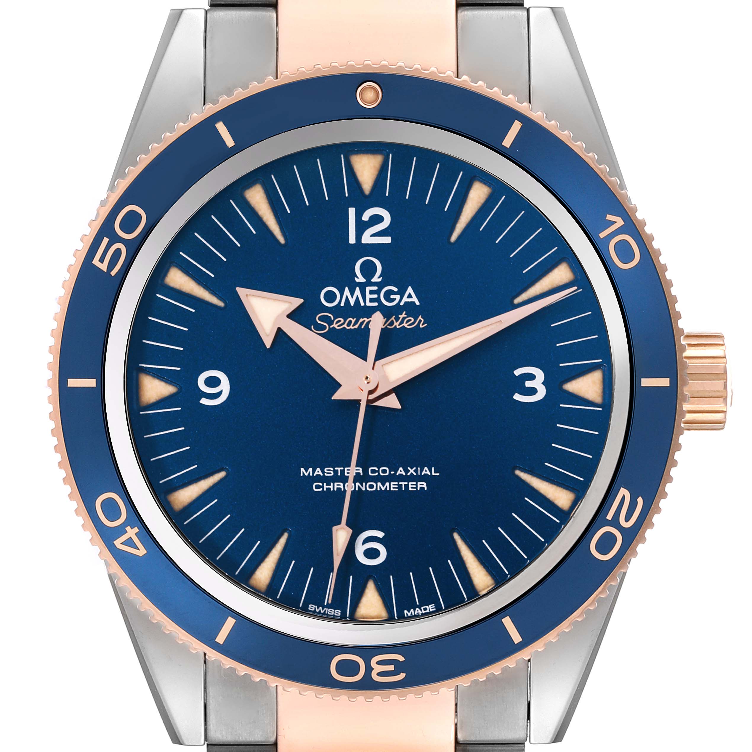 The image shows a straight-on view of the Omega Seamaster 233.60.41.21.03.001 Men's Titanium Blue Dial 233.60.41.21.03.001 Men's Titanium Blue Dial watch dial, bezel, and part of the bracelet.
