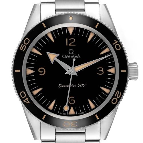 The Omega Seamaster 234.30.41.21.01.001 Men's Stainless Steel Black Dial watch is shown from the front, highlighting the dial, bezel, crown, and bracelet top links.