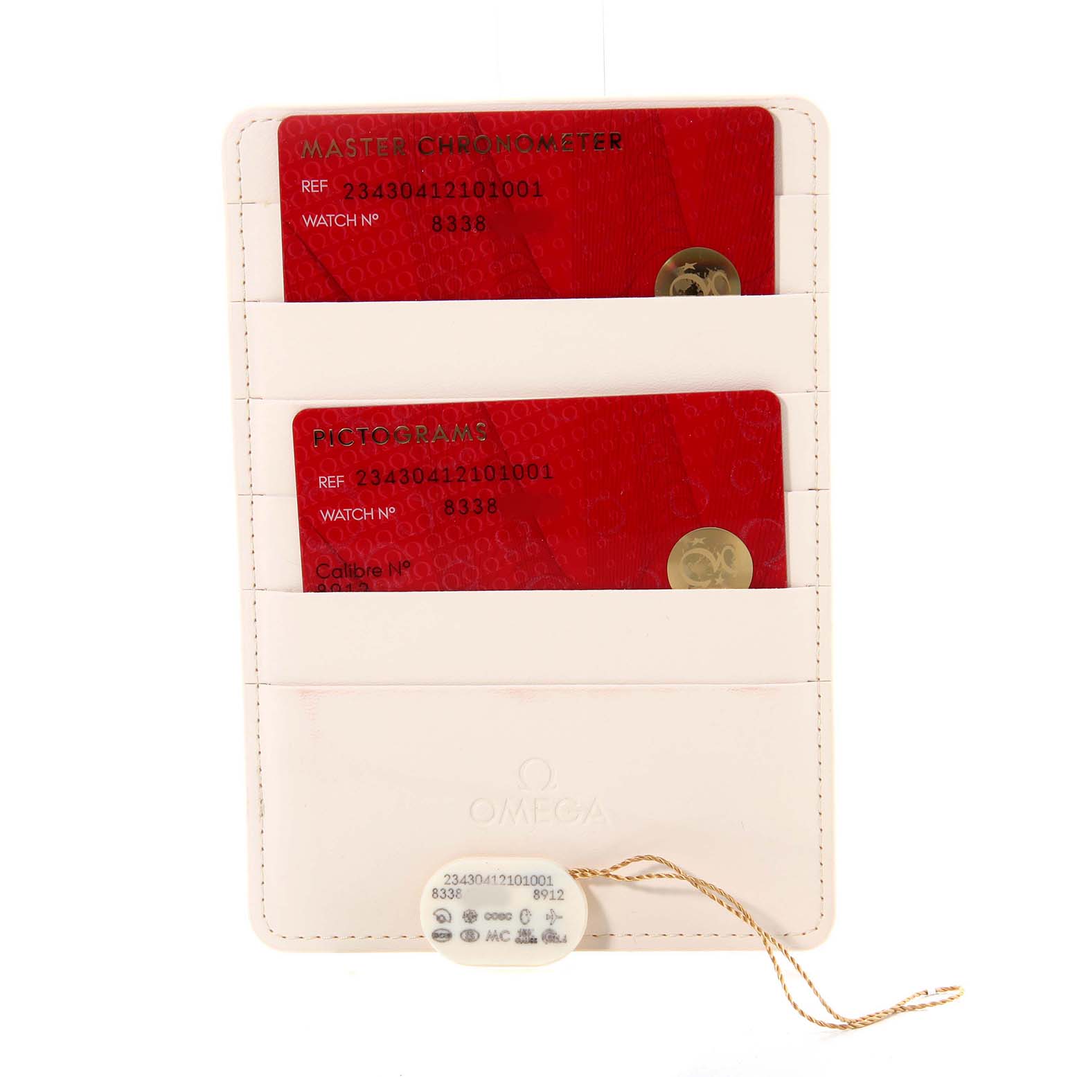 The image shows Omega Seamaster 234.30.41.21.01.001 Men's Stainless Steel Black Dial watch accessories including a cardholder with two red cards and a tag at a straight angle.