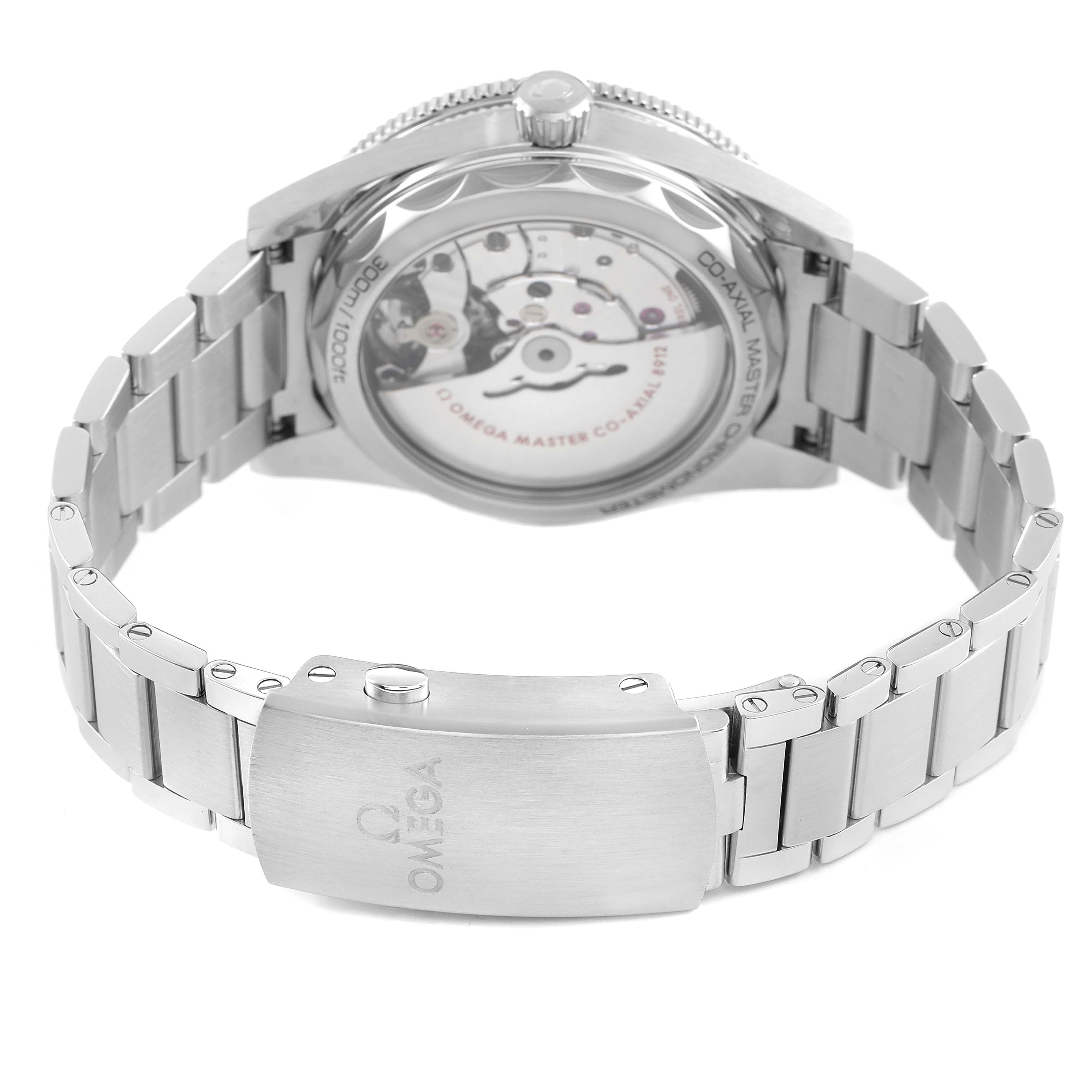 The Omega Seamaster 234.30.41.21.01.001 Men's Stainless Steel Black Dial watch is shown from the back, highlighting the case back, movement, and metal bracelet with clasp.